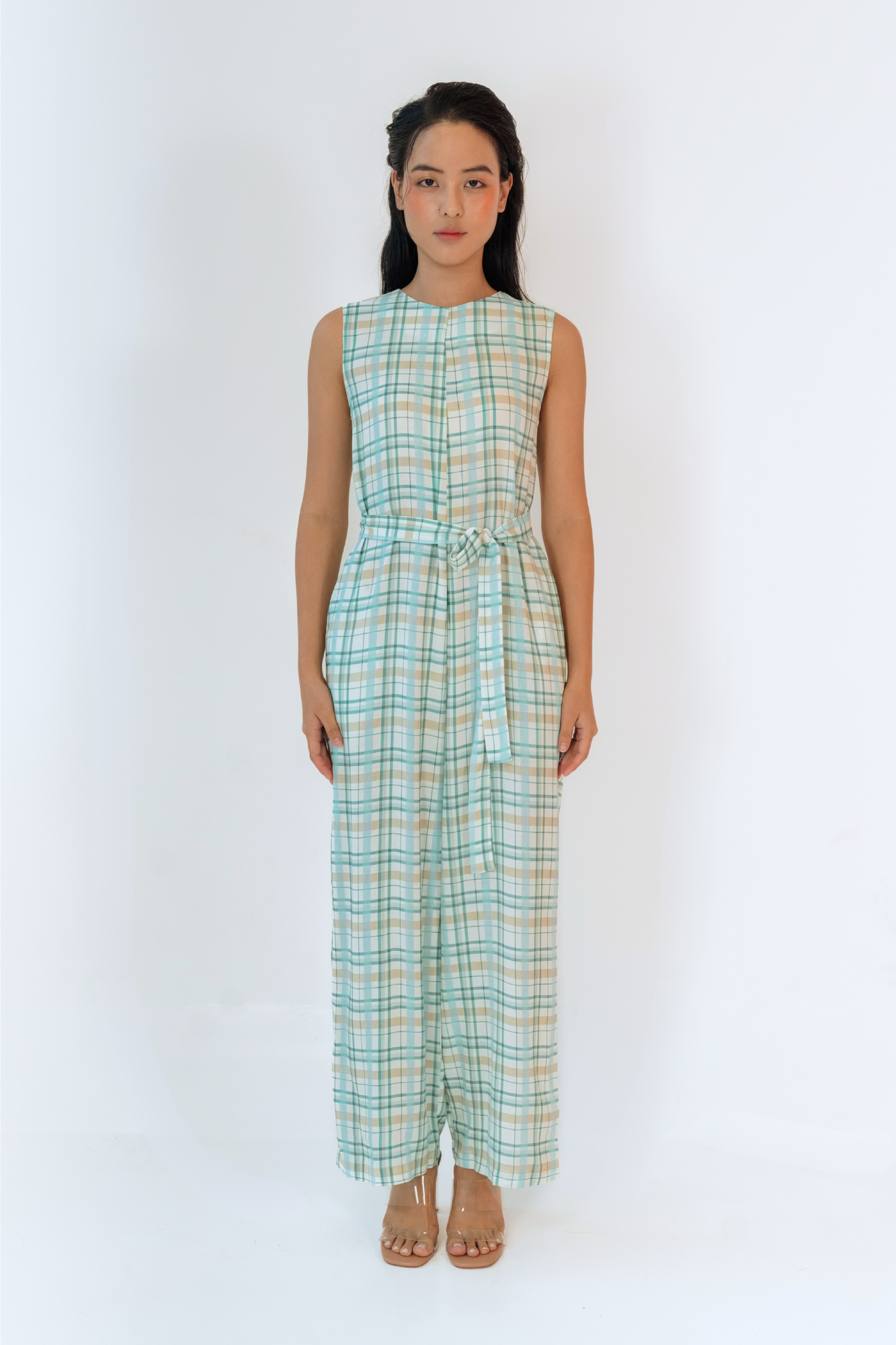 Teal Plaid Sleeveless Jumpsuit
