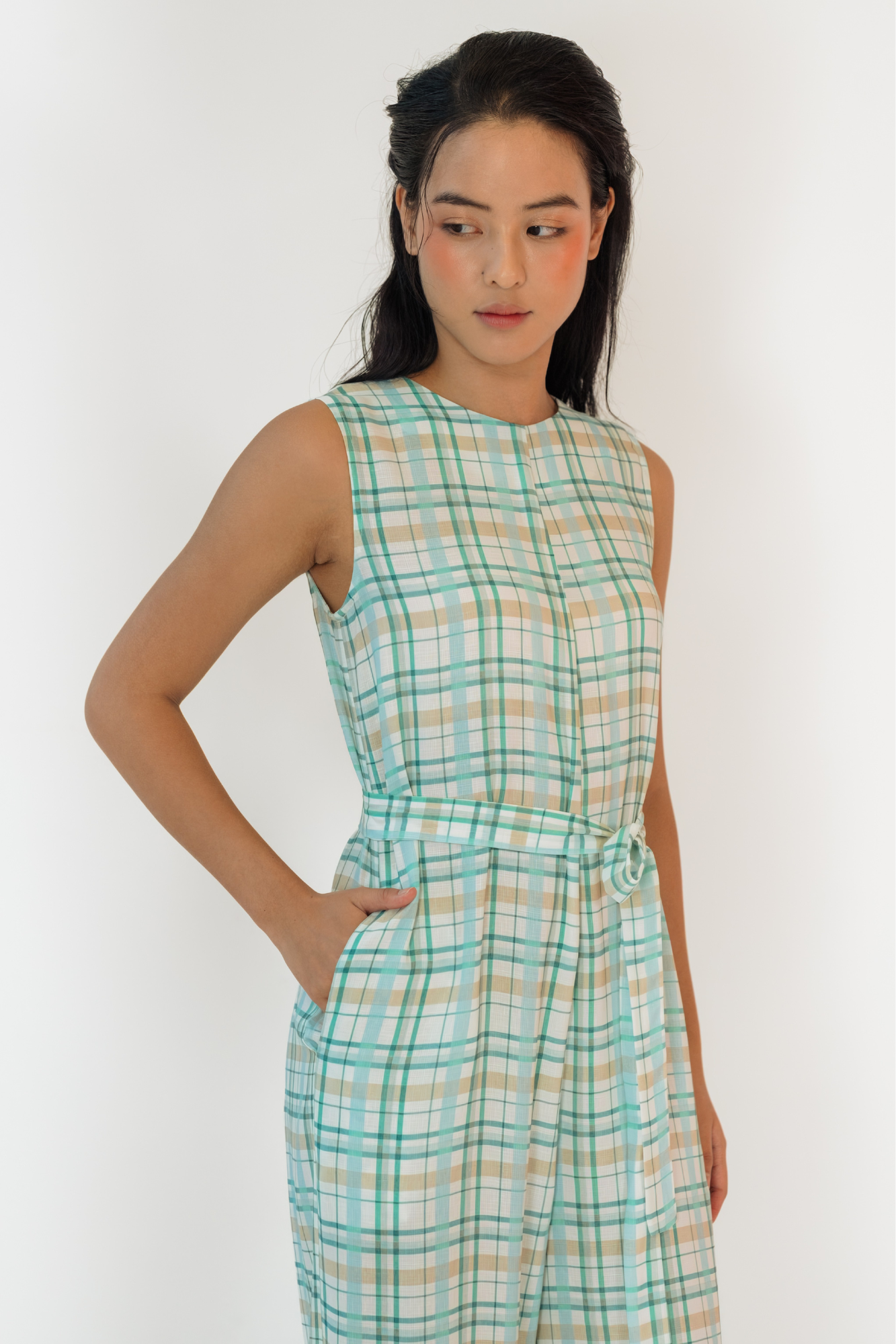 Teal Plaid Sleeveless Jumpsuit