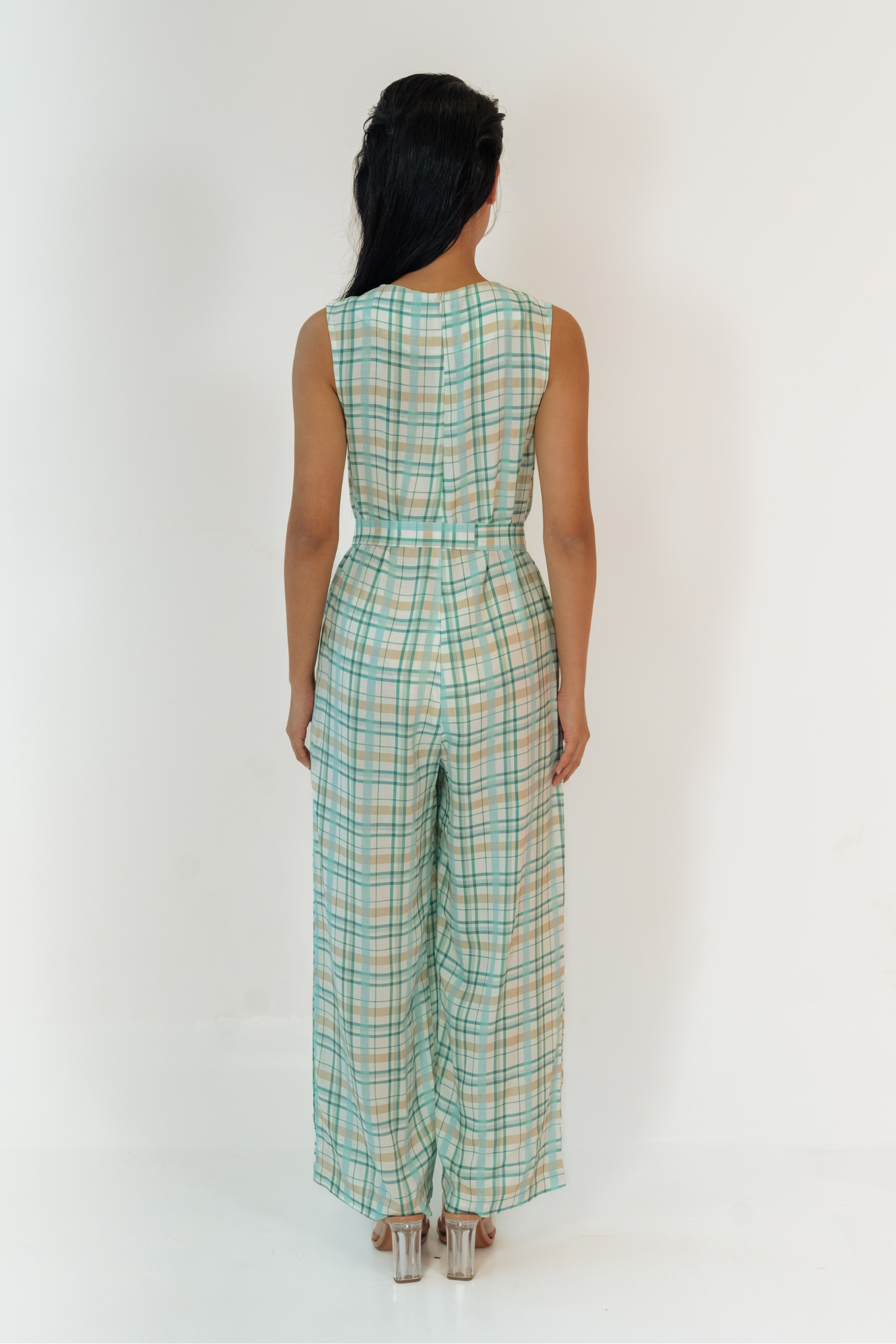 Teal Plaid Sleeveless Jumpsuit