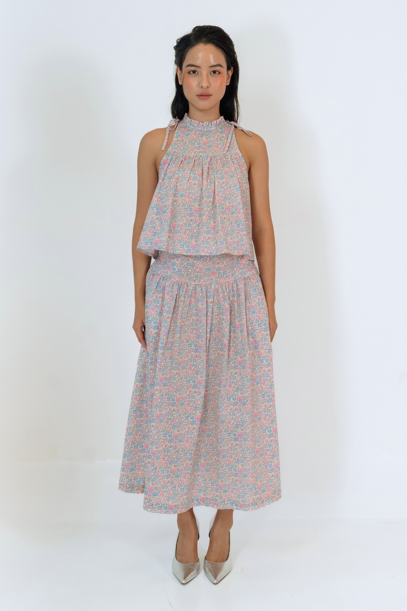 Morning Bloom Ruffled Halter Top & Gathered Skirt Set