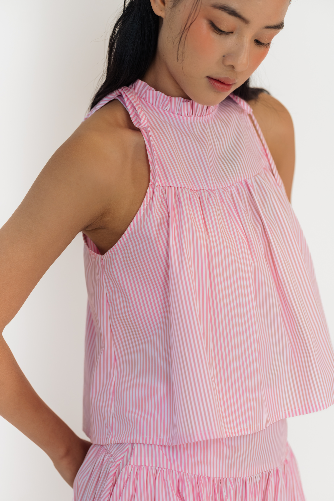 Pink Stripe Ruffled Halter Top & Gathered Skirt Set