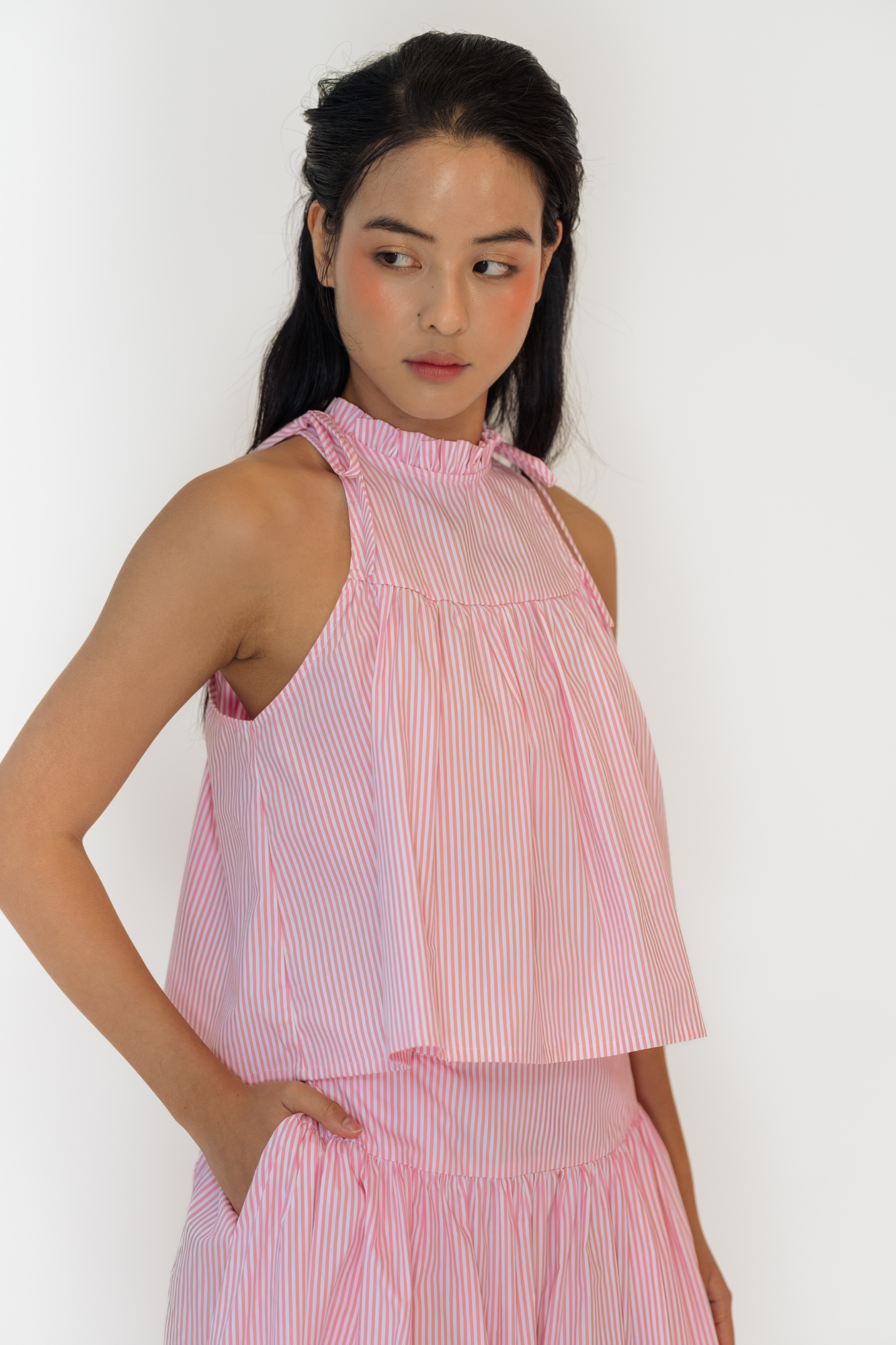 Pink Stripe Ruffled Halter Top & Gathered Skirt Set