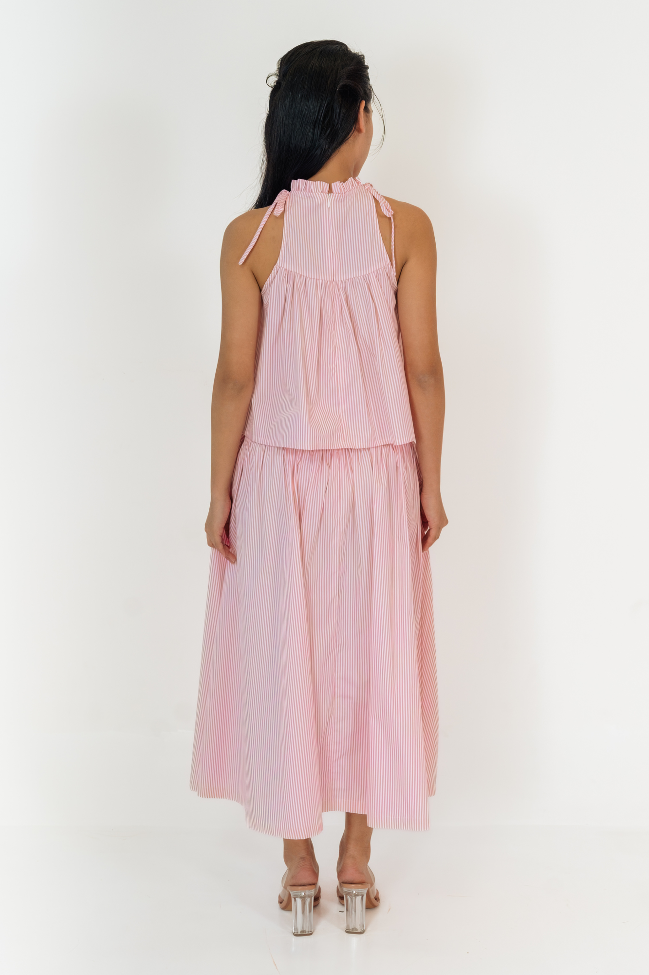 Pink Stripe Ruffled Halter Top & Gathered Skirt Set