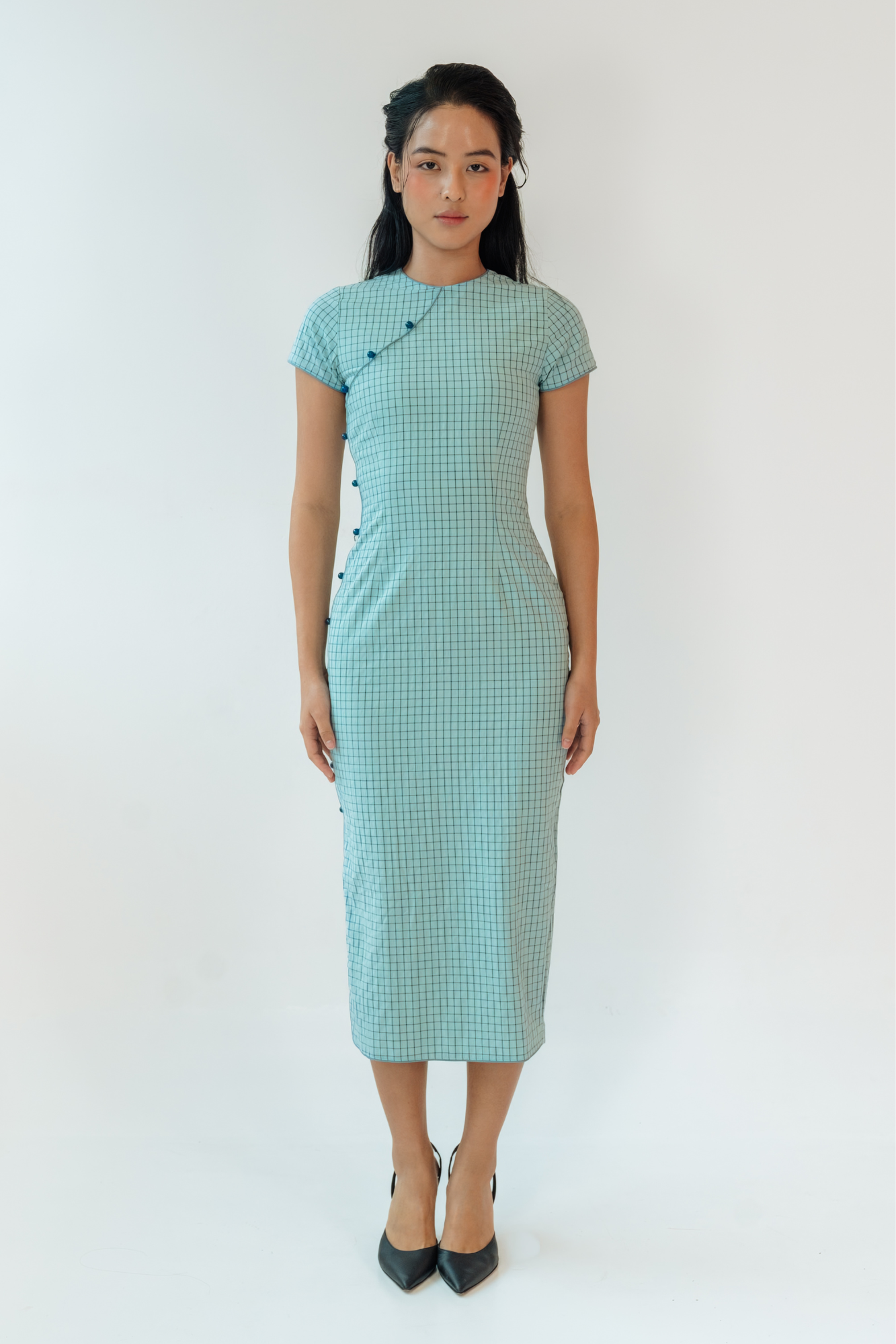 Slate Check Button Down Cheongsam