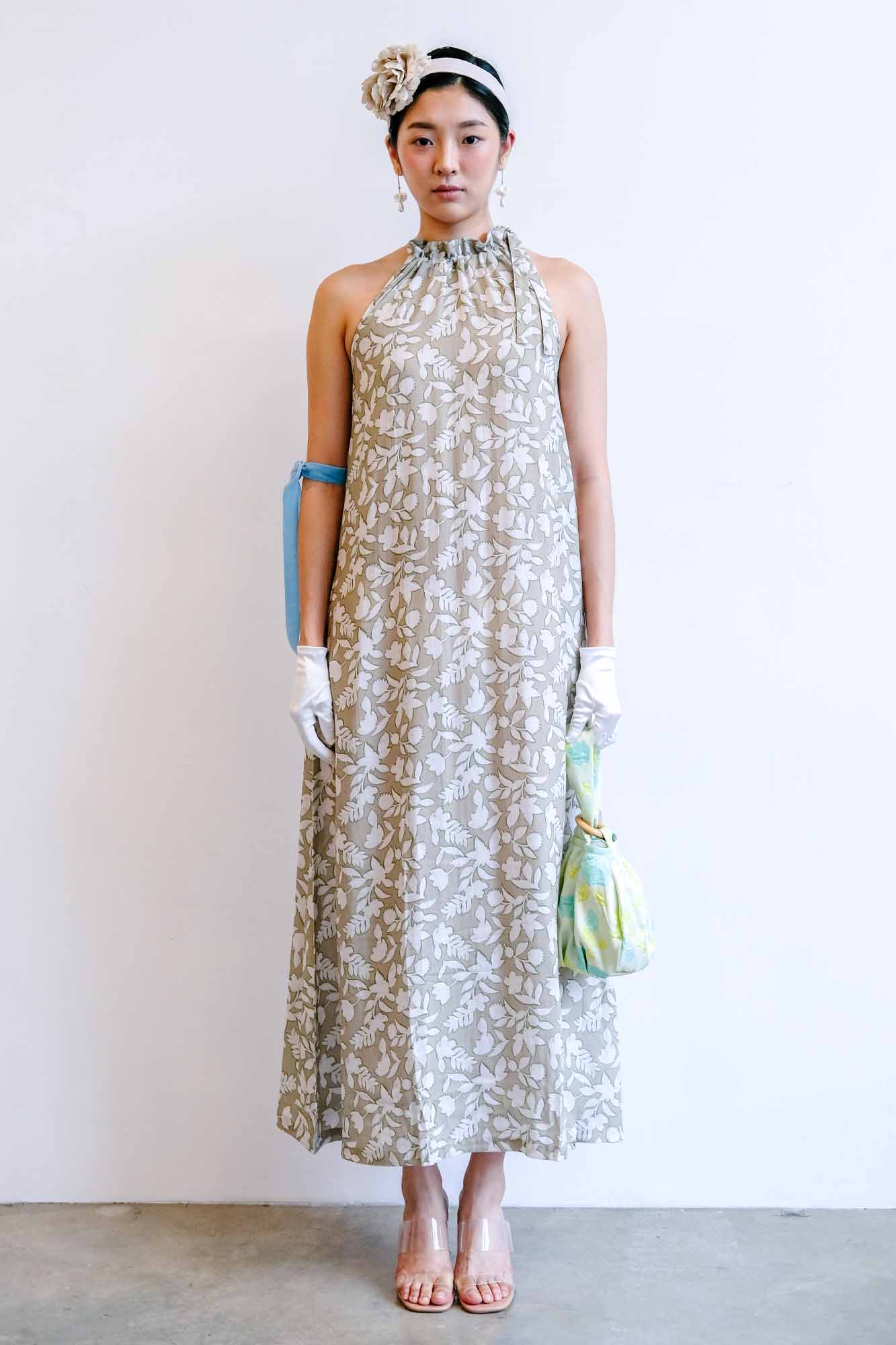 Beige Tropic Halter Maxi Dress