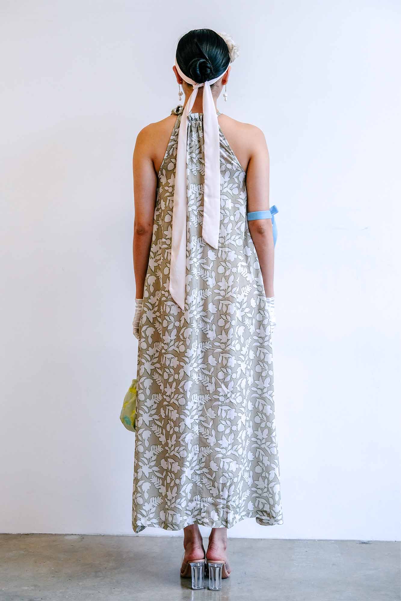 Beige Tropic Halter Maxi Dress