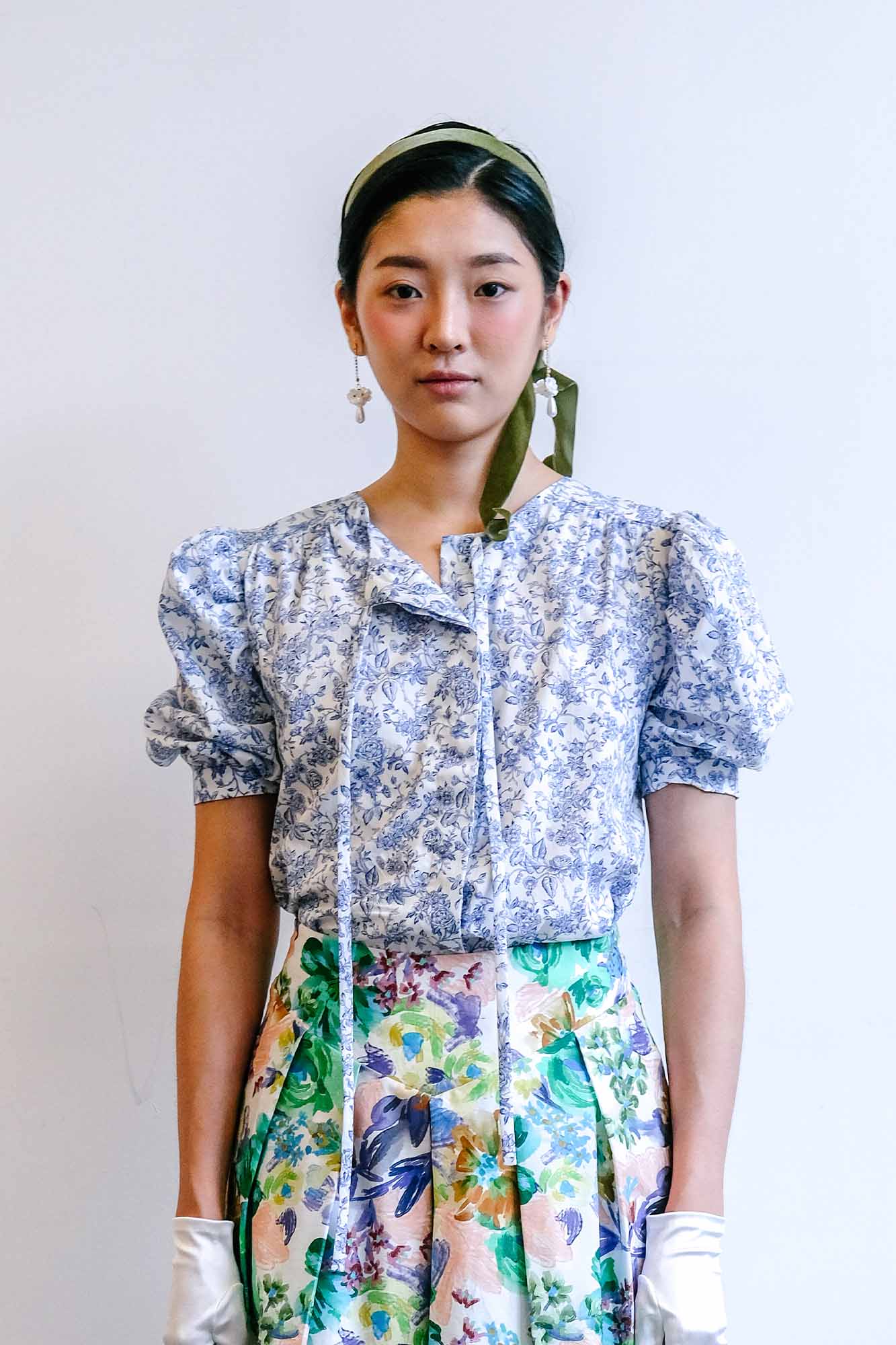 Blue Porcelain Puff Sleeve Top