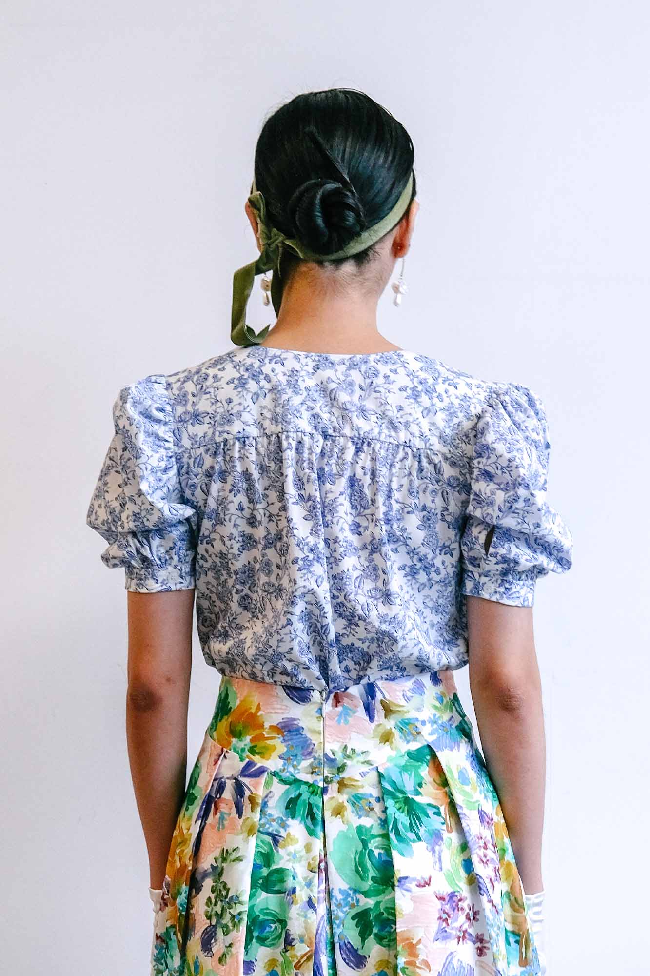 Blue Porcelain Puff Sleeve Top