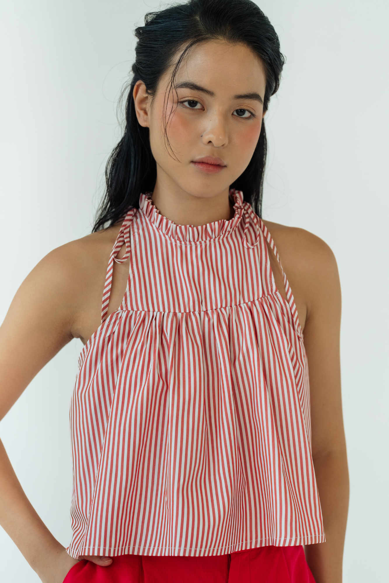 Ruby Stripe Ruffled Halter Top