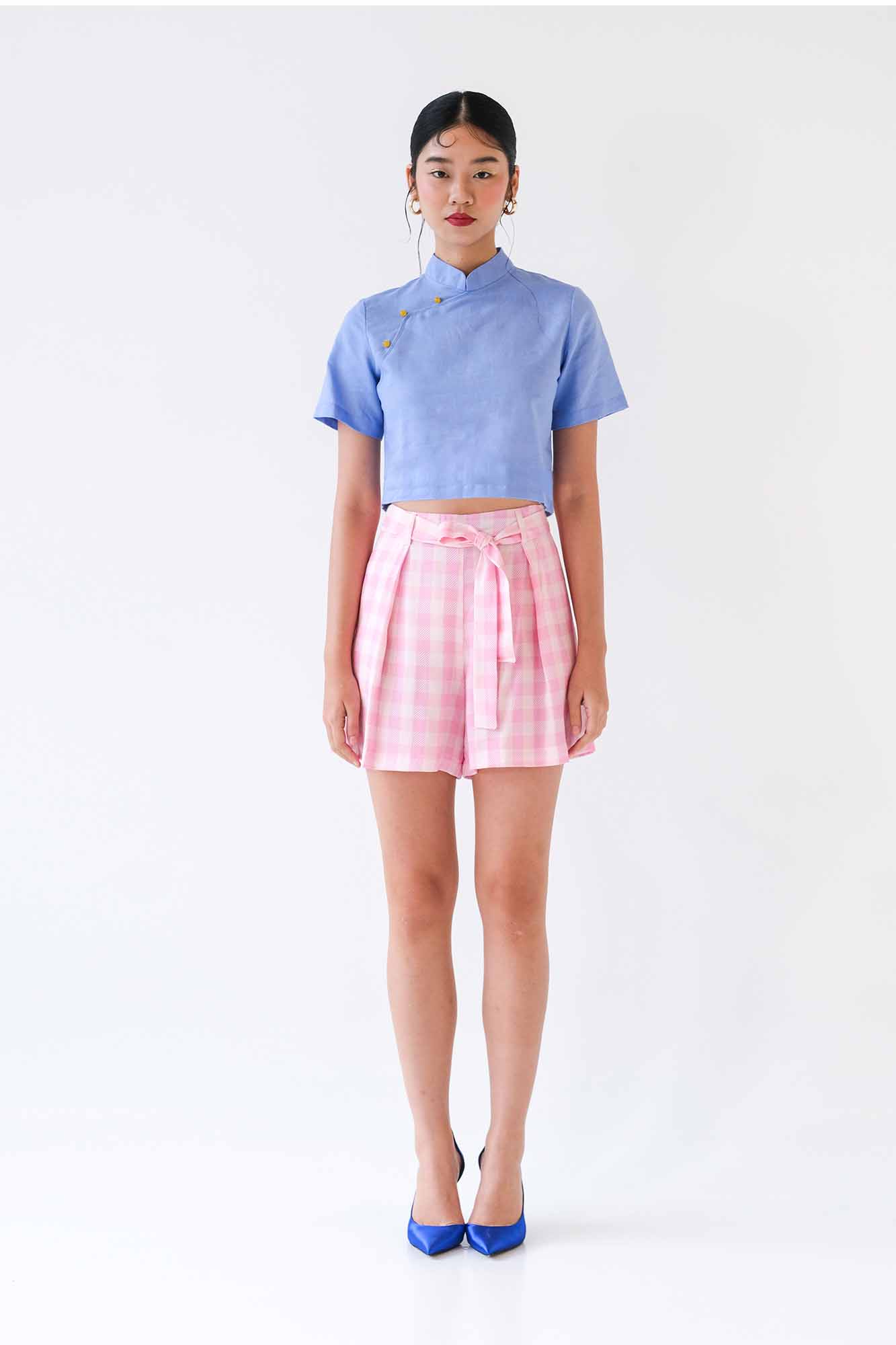 Pink Gingham Pleated Shorts