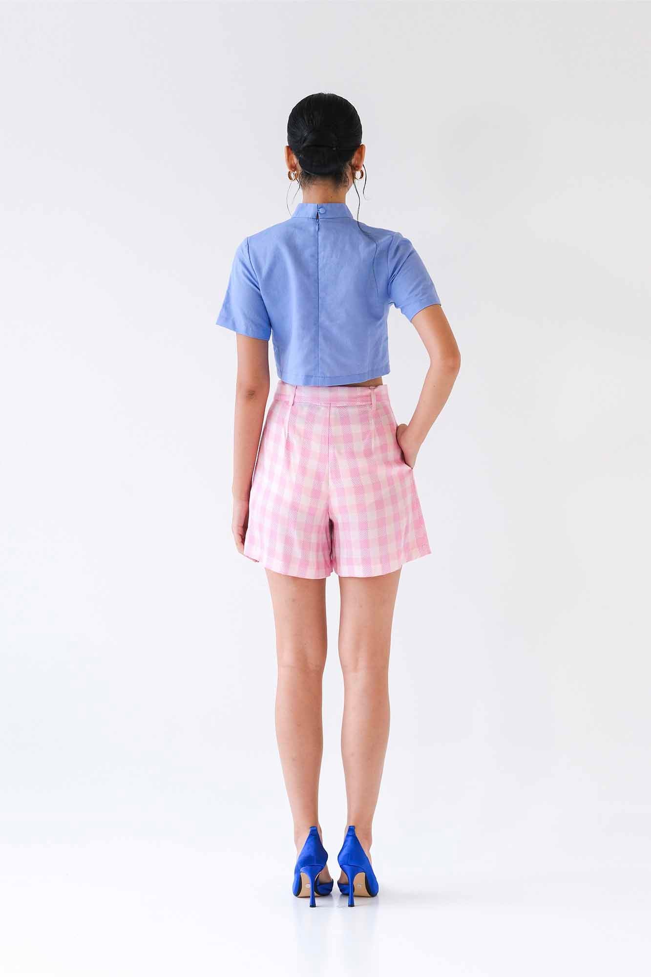 Pink Gingham Pleated Shorts