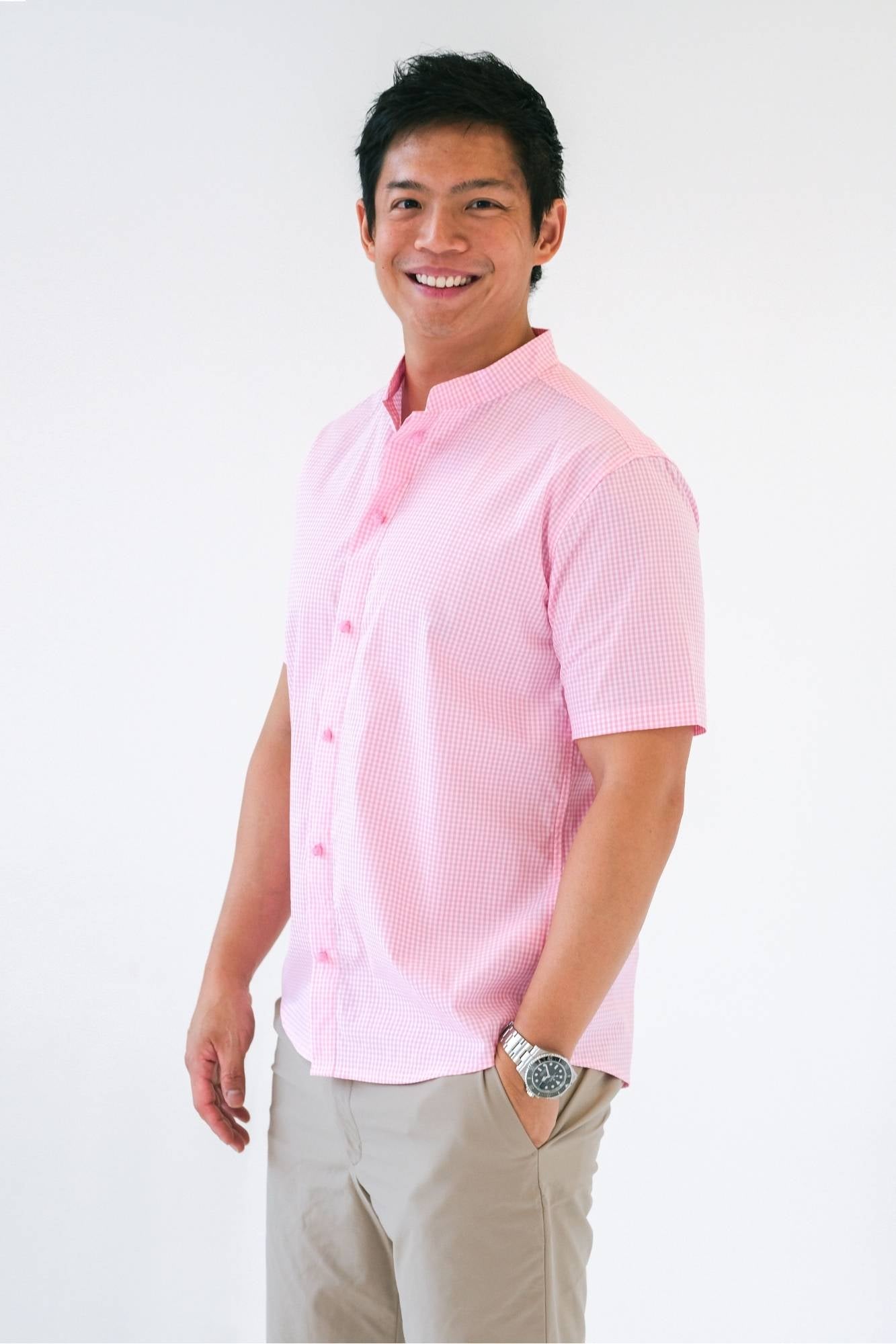 Pink Check Mens Mandarin Shirt