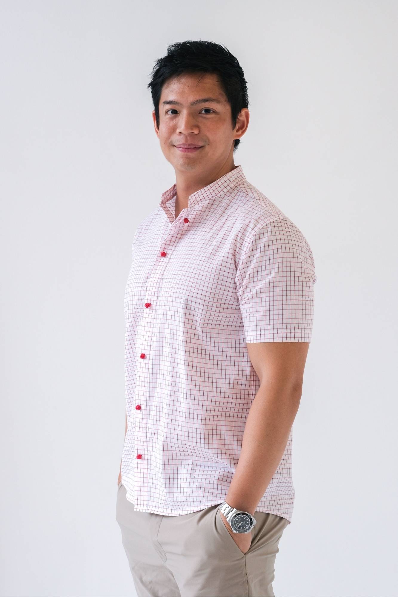 Red Grid Mens Mandarin Shirt