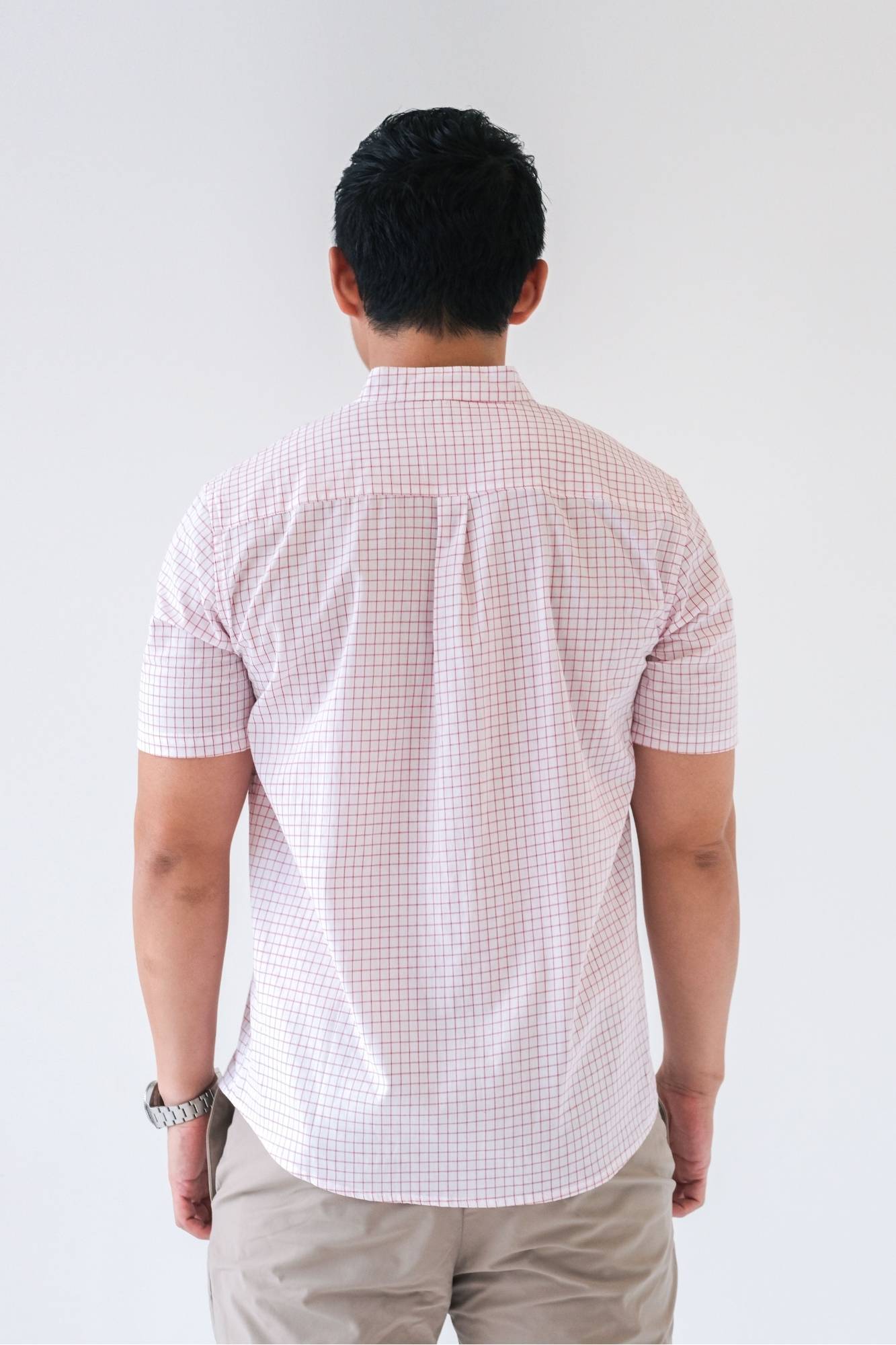 Red Grid Mens Mandarin Shirt