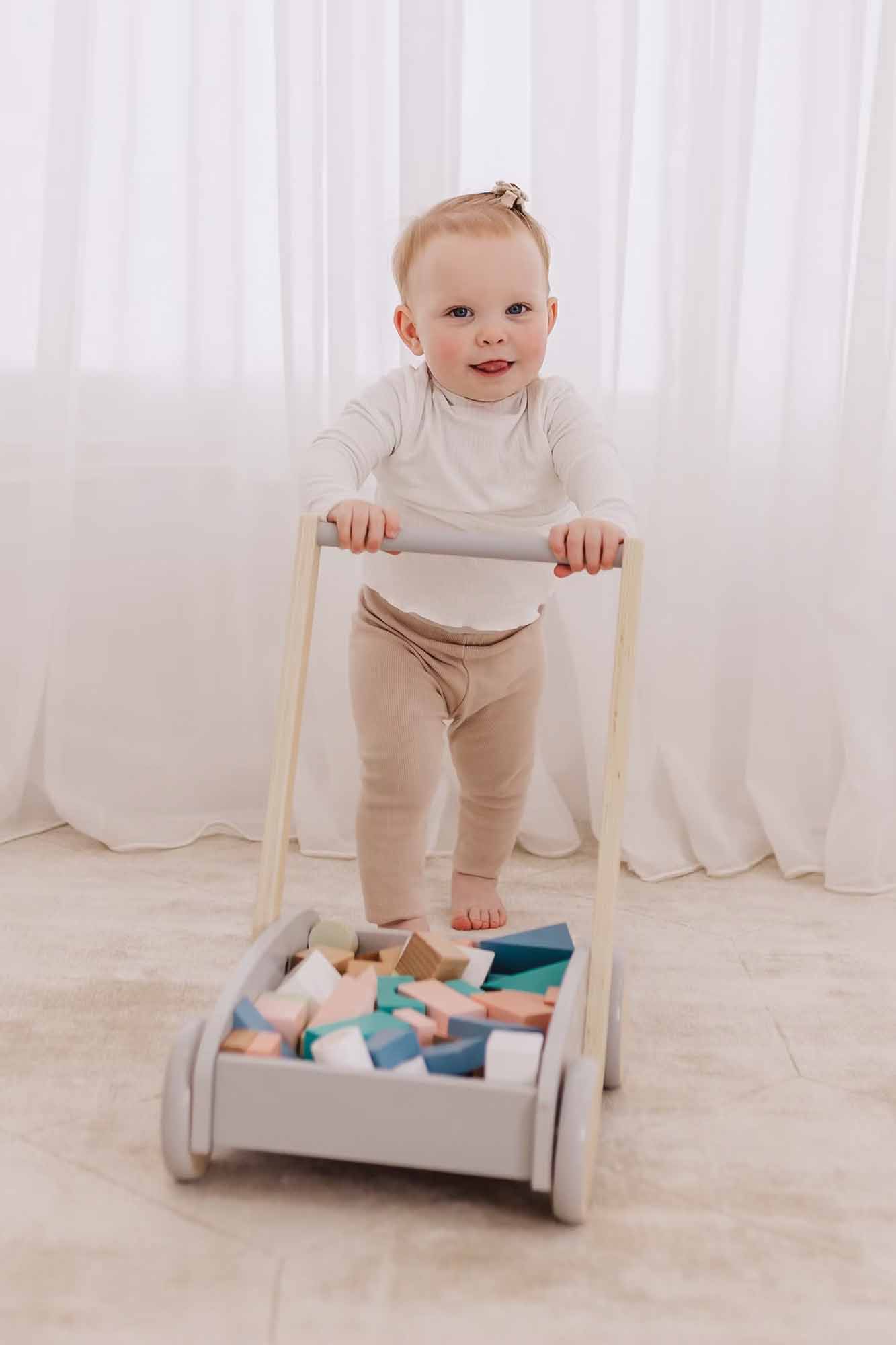 Bubble Wooden Baby Push Cart & Walker with 45 Building Blocks