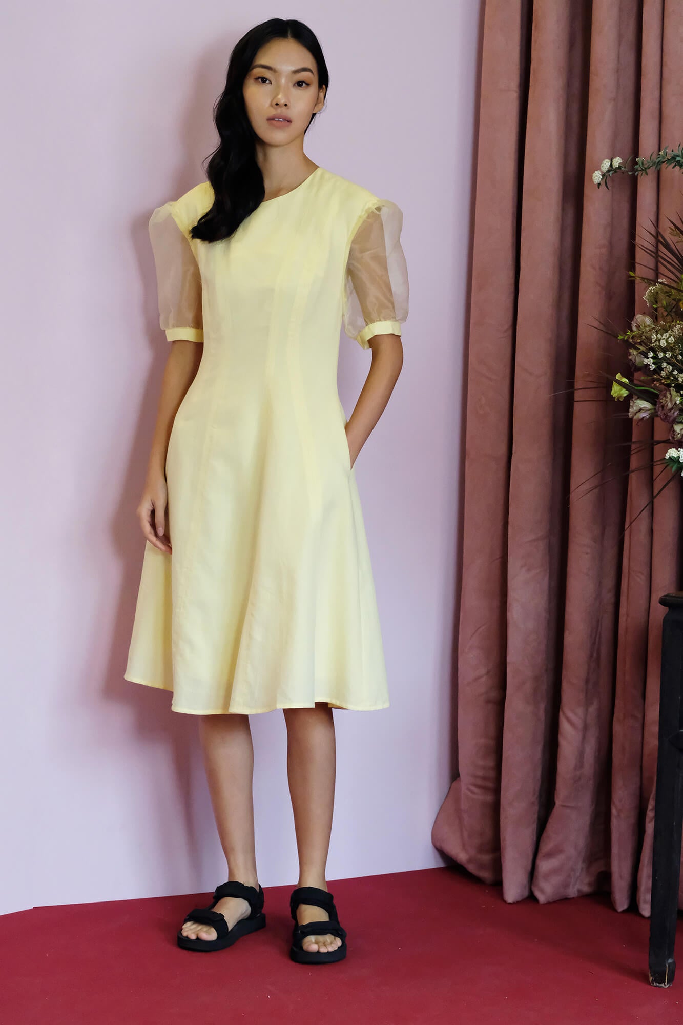 Yellow Organza Puff Sleeve Dress - Sea Apple