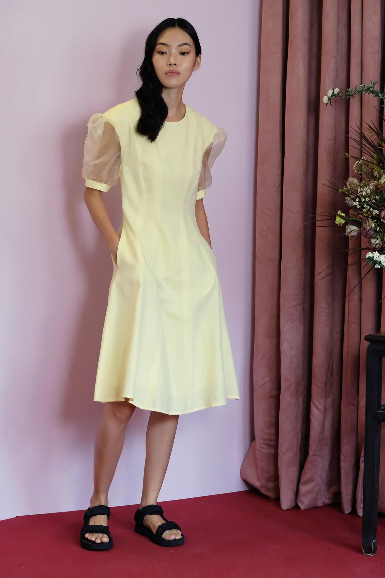 Yellow Organza Puff Sleeve Dress - Sea Apple