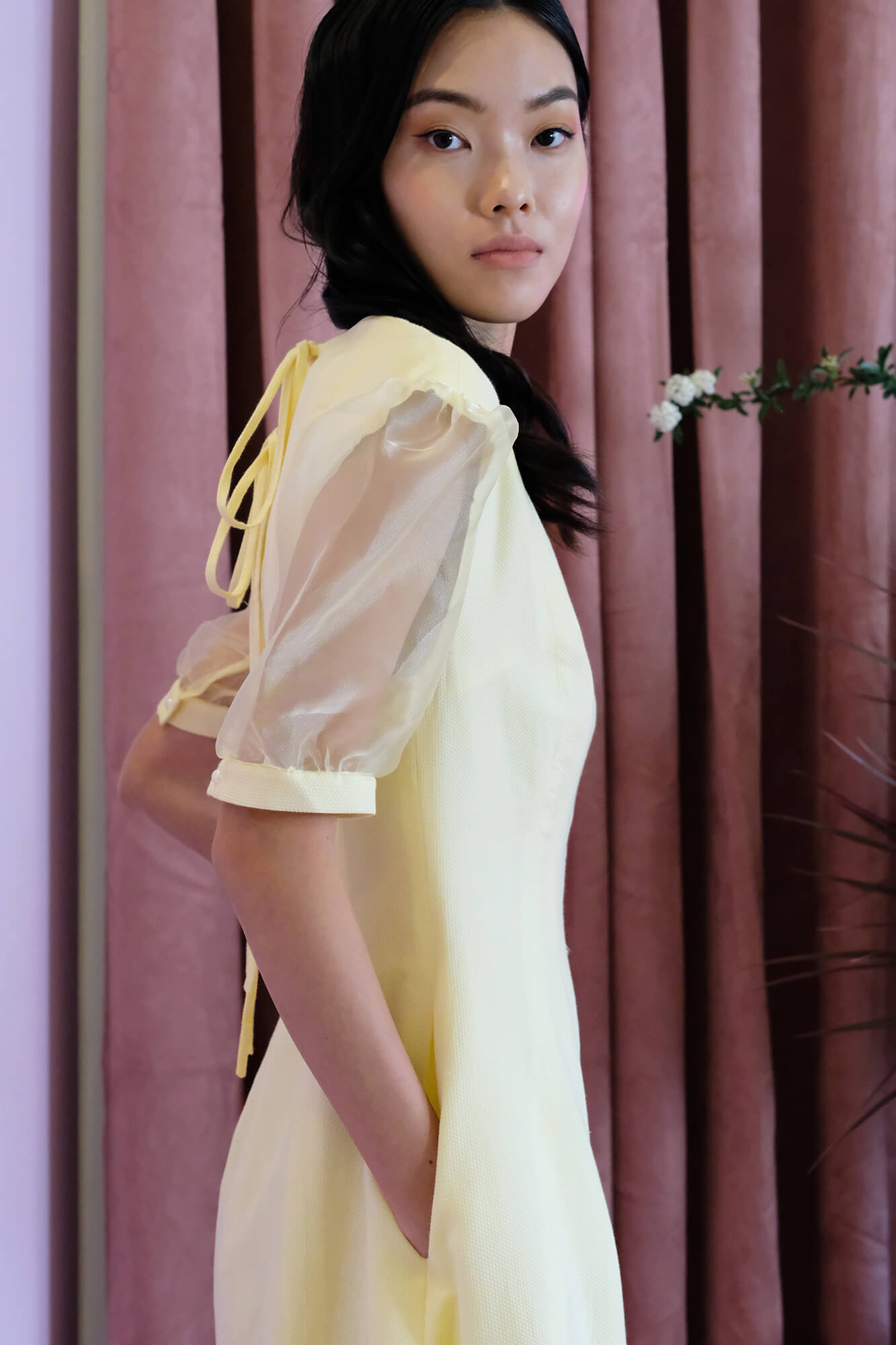 Yellow Organza Puff Sleeve Dress - Sea Apple