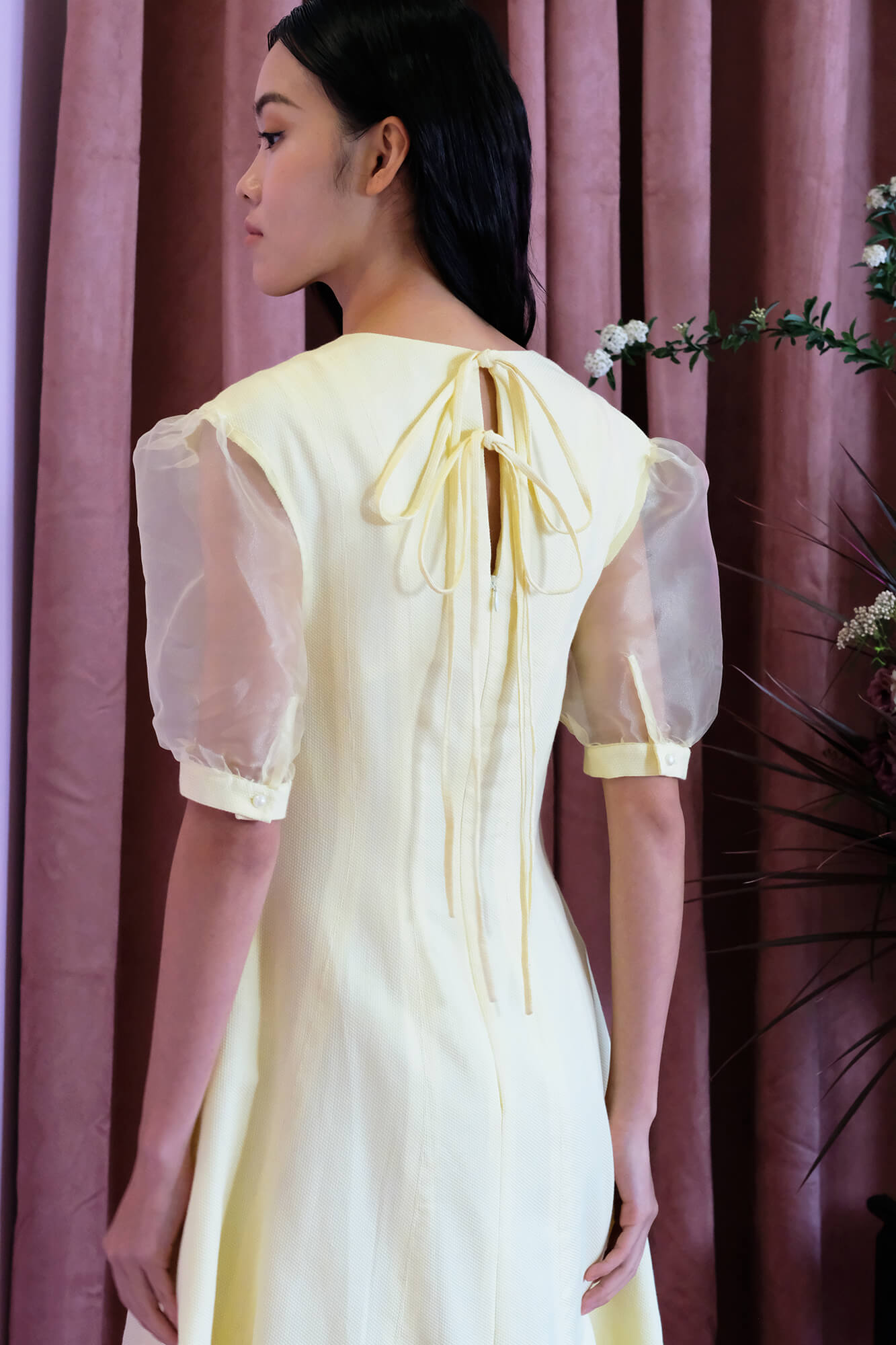 Yellow Organza Puff Sleeve Dress - Sea Apple