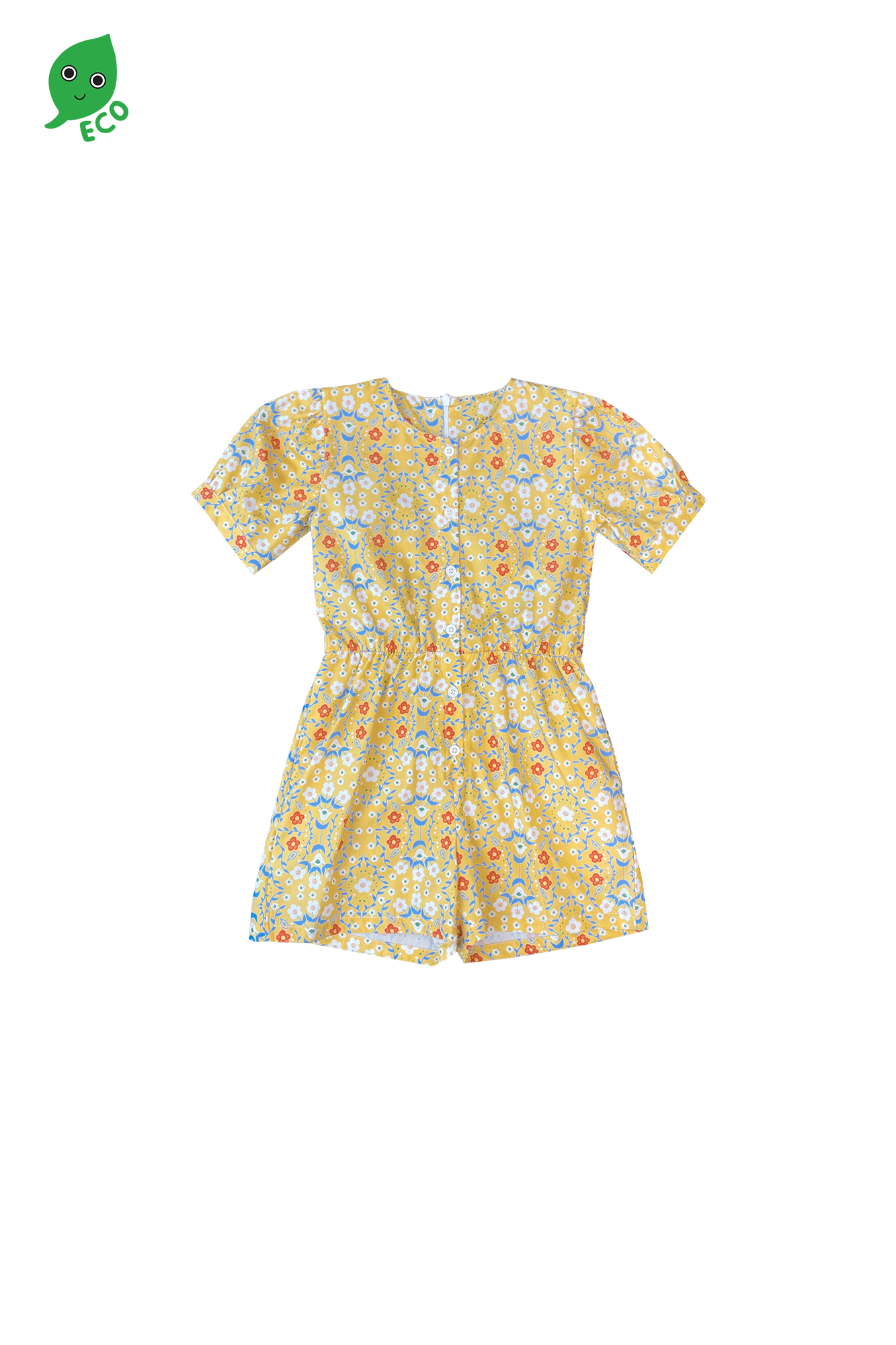 Yellow Folksy Flower Puff Sleeve Playsuit