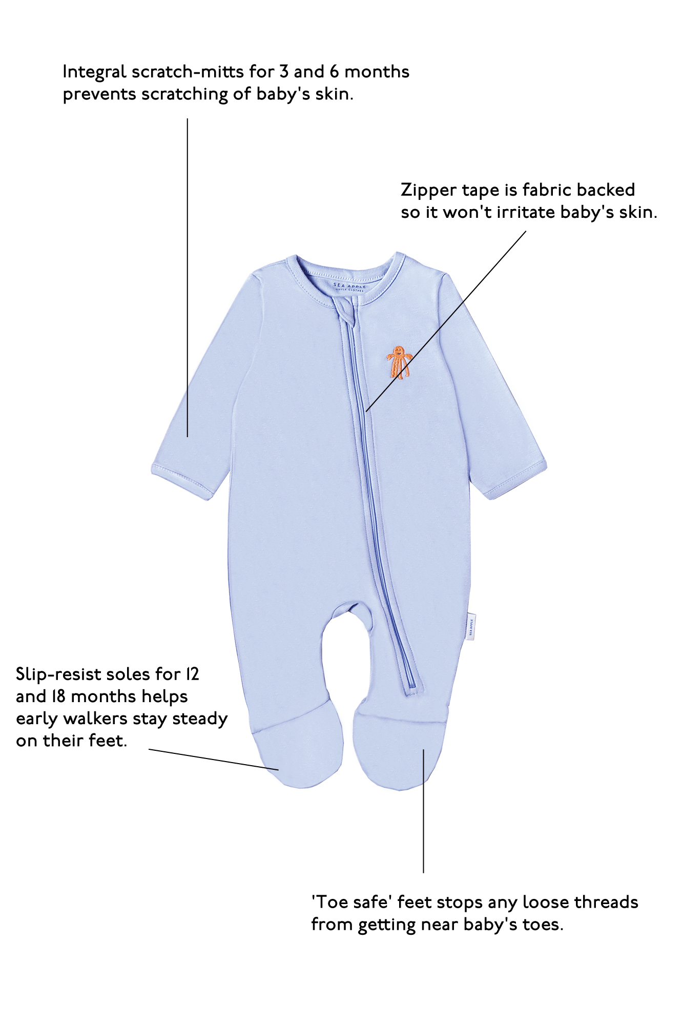 Sea Apple One Pieces Dancing Octopus Periwinkle Baby Sleepsuit
