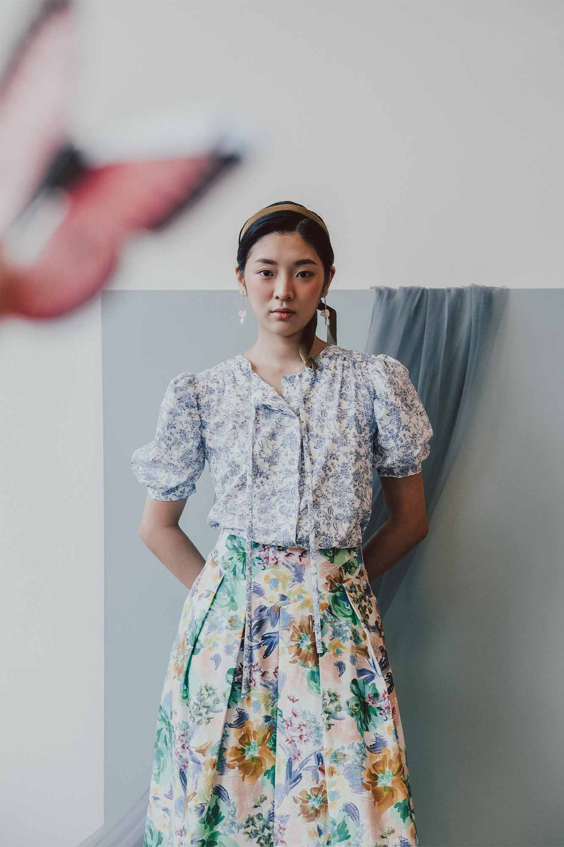Blue Porcelain Puff Sleeve Top