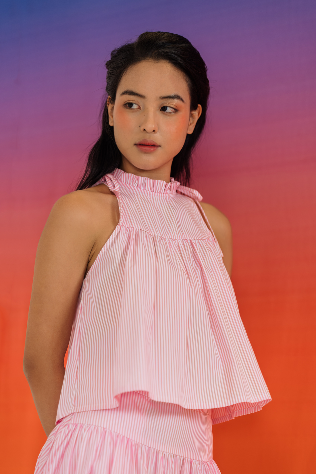 Pink Stripe Ruffled Halter Top & Gathered Skirt Set
