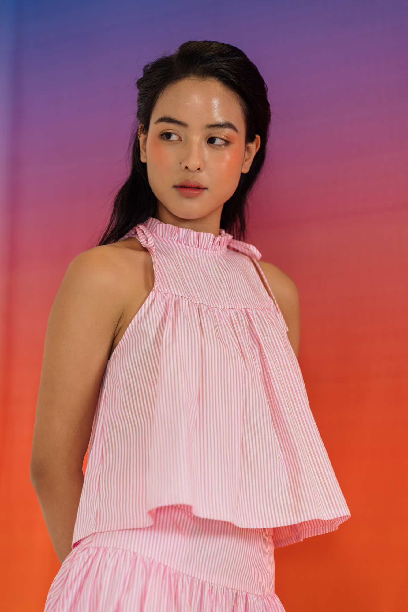 Pink Stripe Ruffled Halter Top &amp; Gathered Skirt Set