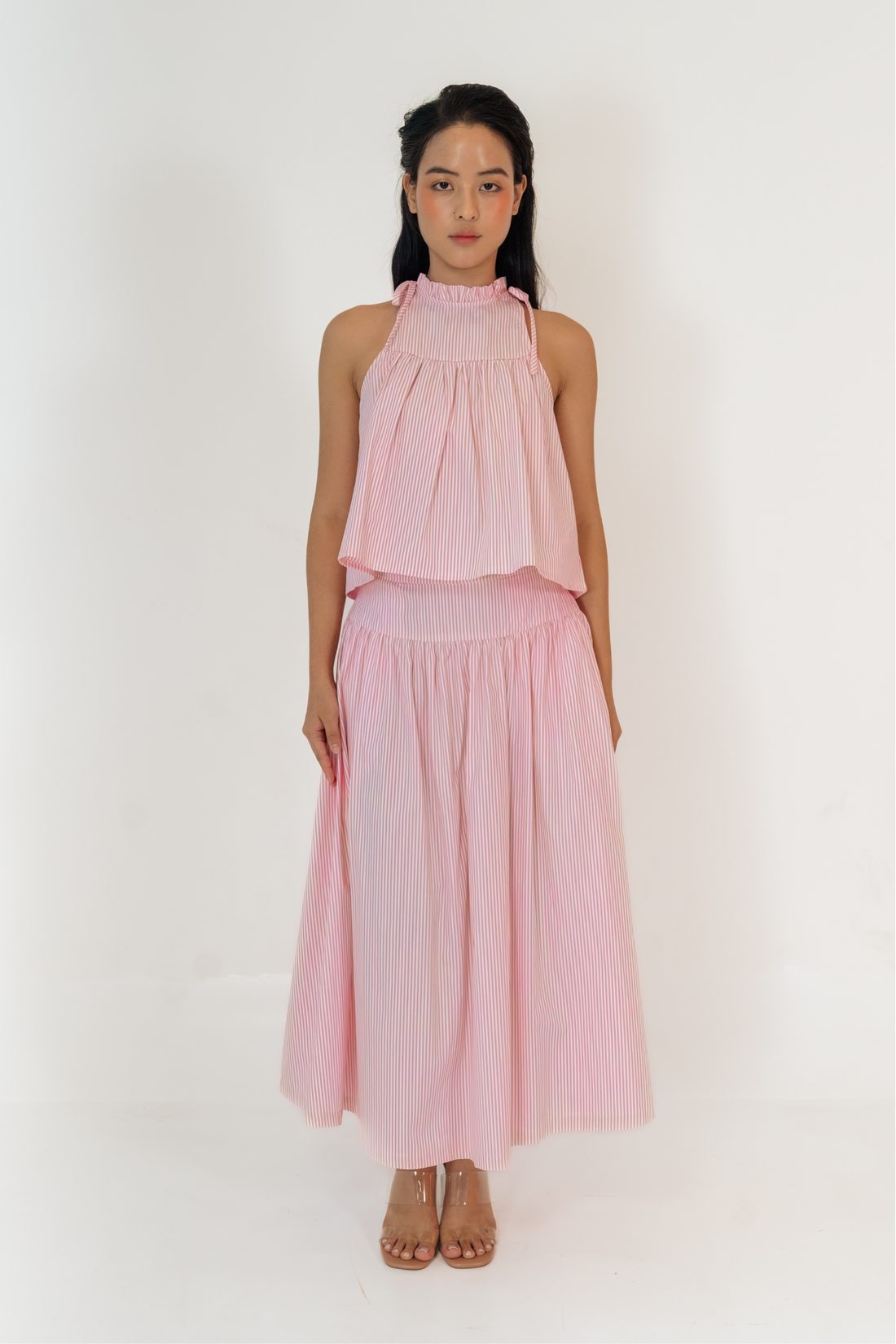 Pink Stripe Ruffled Halter Top & Gathered Skirt Set