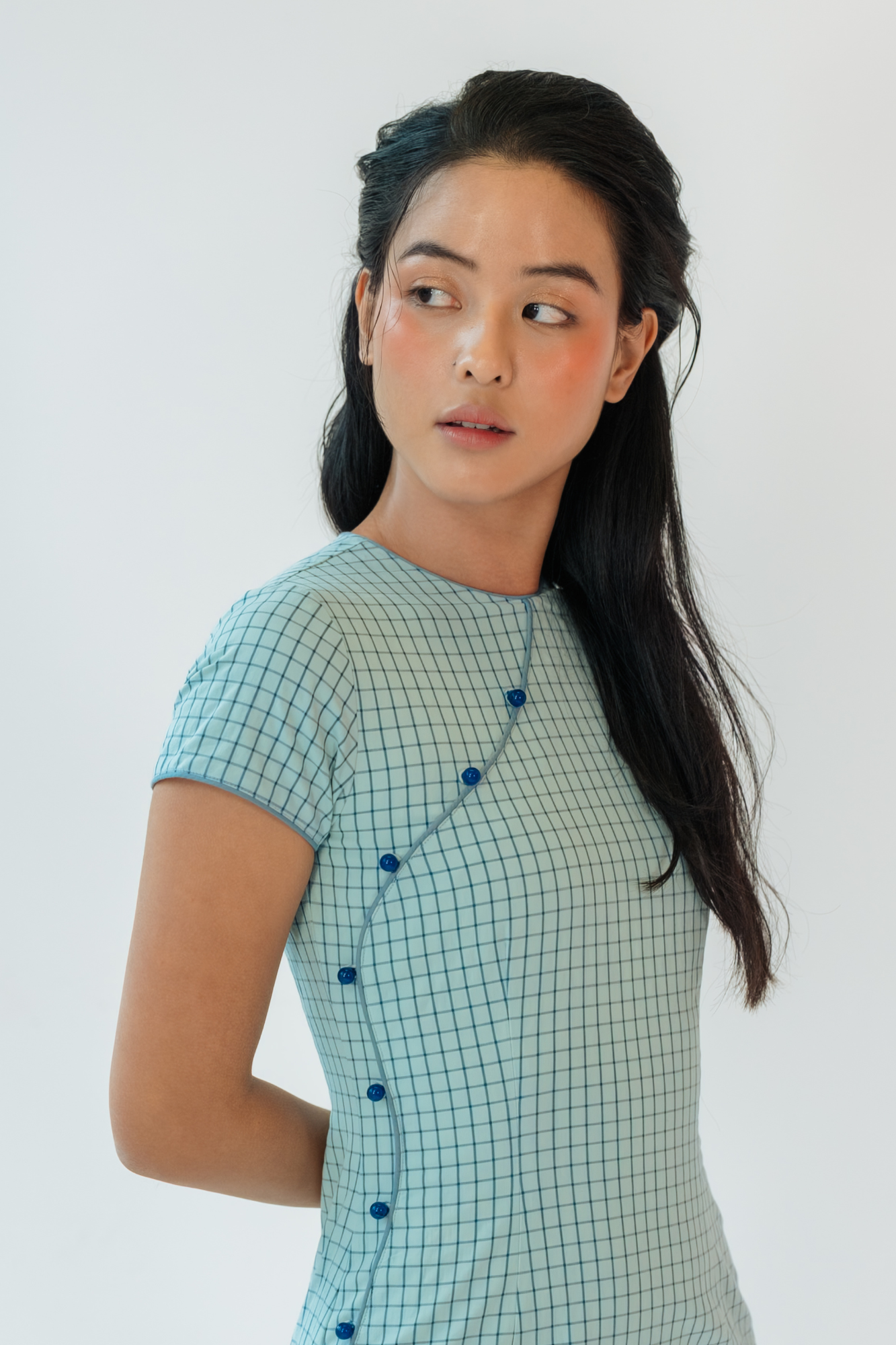 Slate Check Button Down Cheongsam