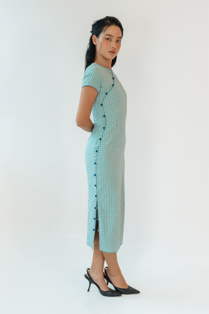 Slate Check Button Down Cheongsam