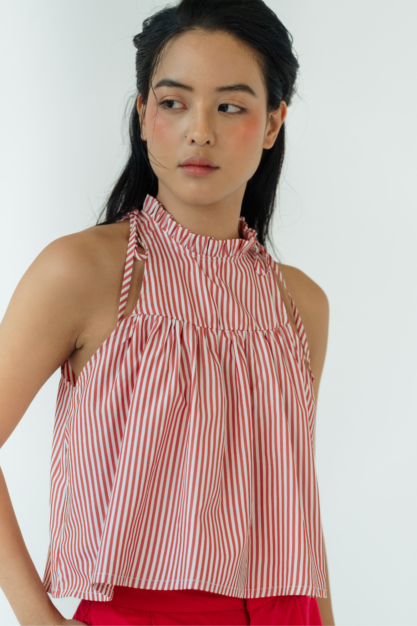 Ruby Stripe Ruffled Halter Top