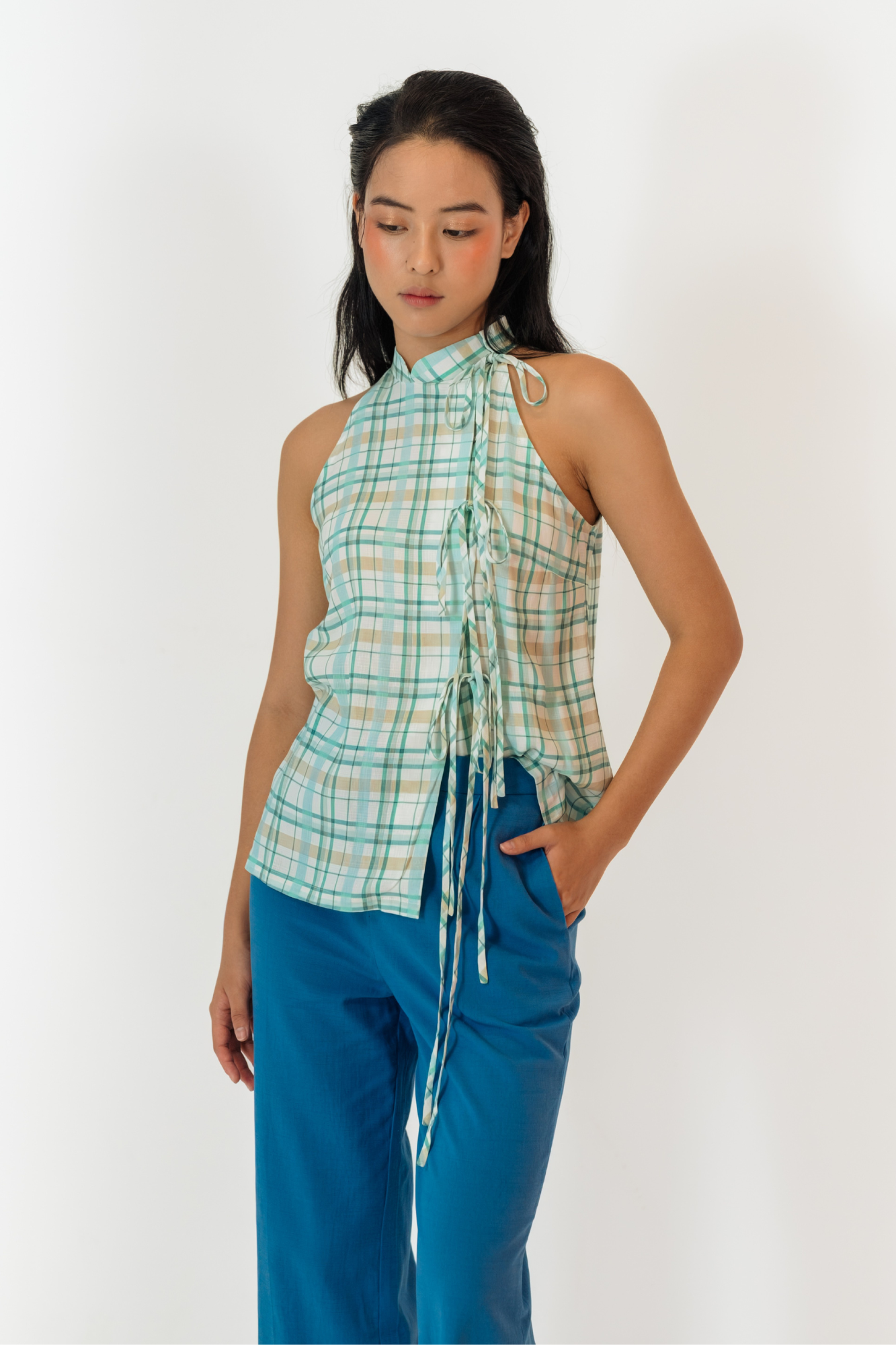 Teal Plaid Halter Top