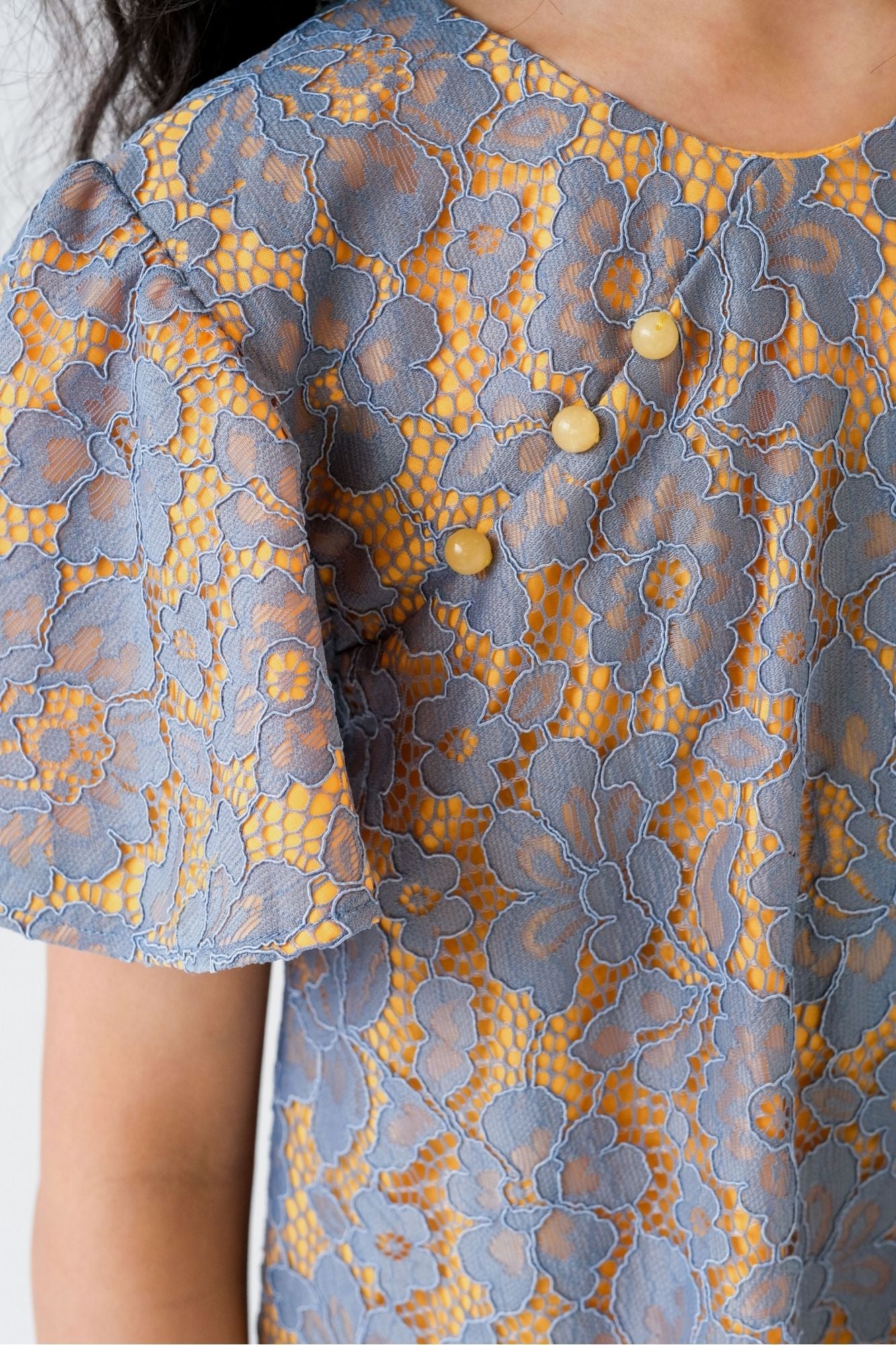 Blue Yellow Lace Flutter Cheongsam