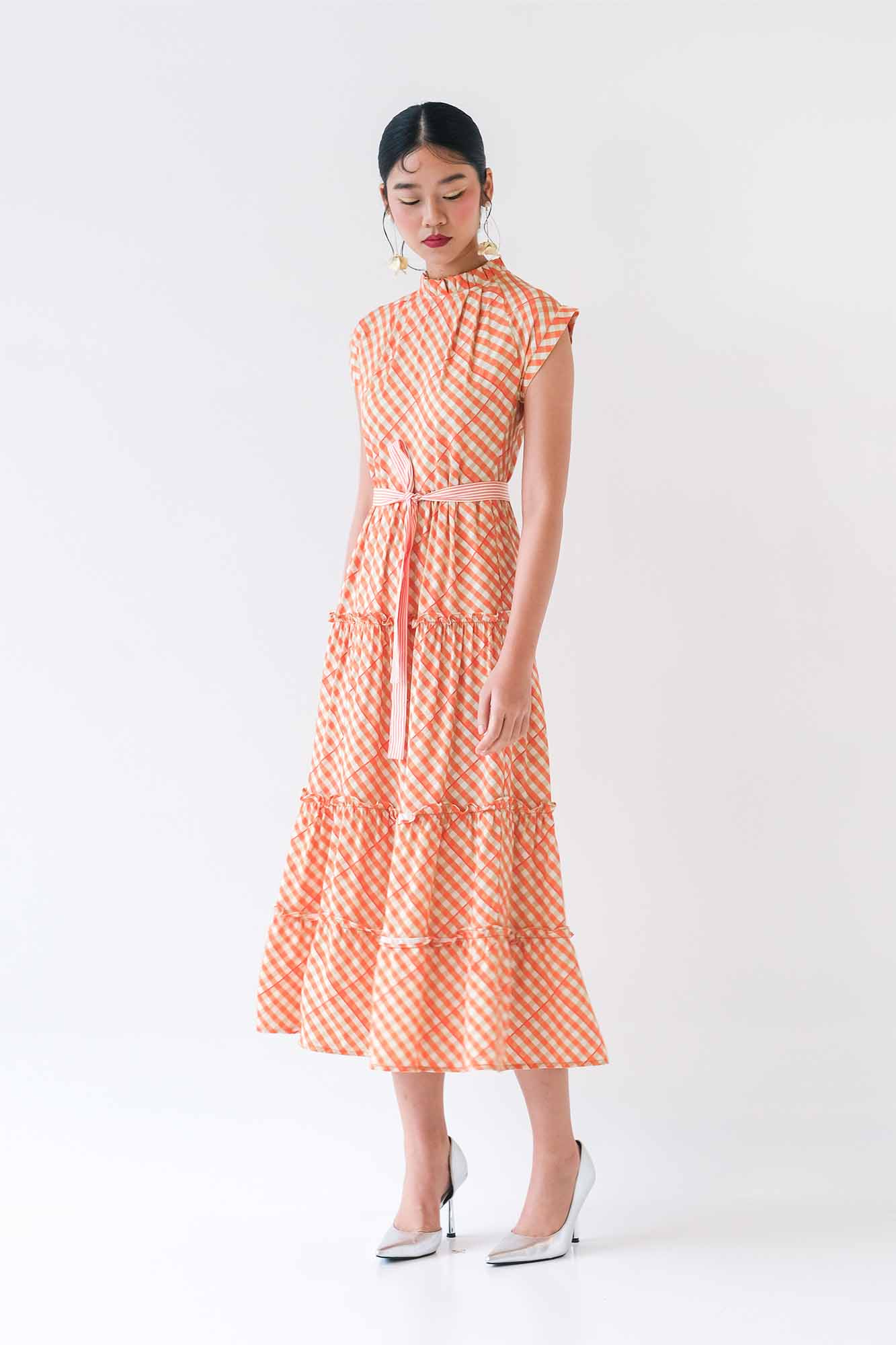 Mandarin Check Tiered Maxi Dress