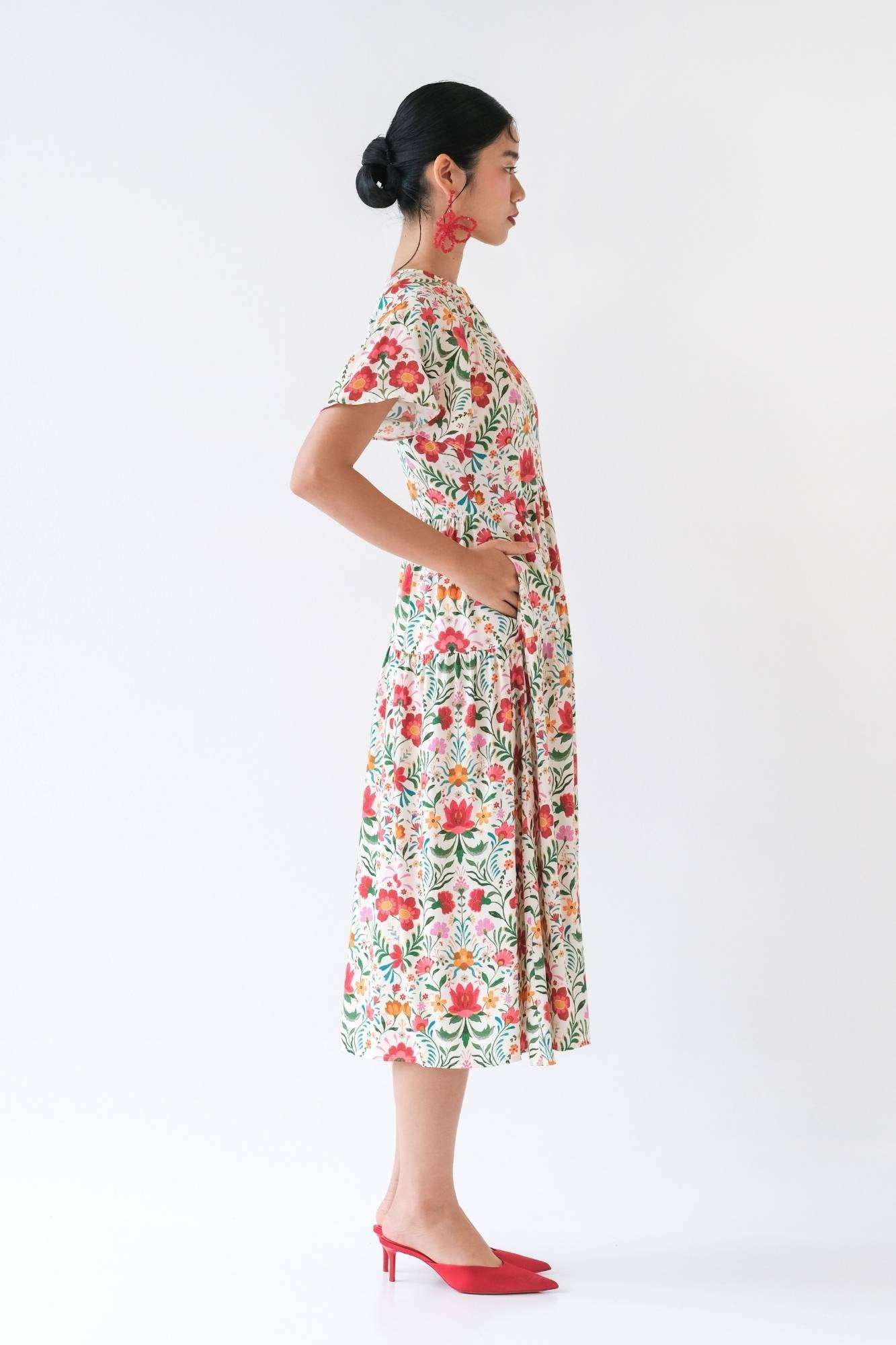 Mexican Rose Flutter Midi Dress