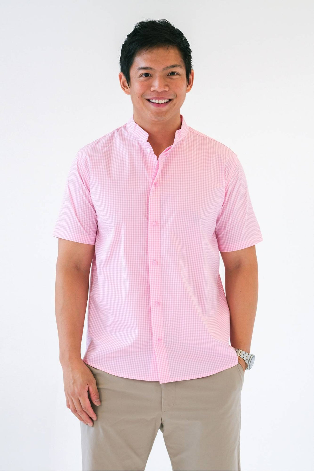 Pink Check Mens Mandarin Shirt