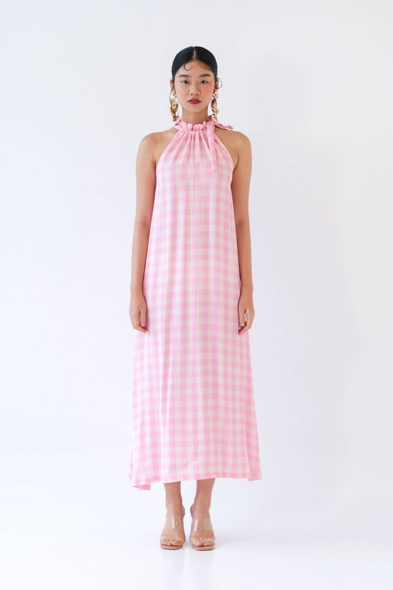 Pink Gingham Halter Maxi Dress