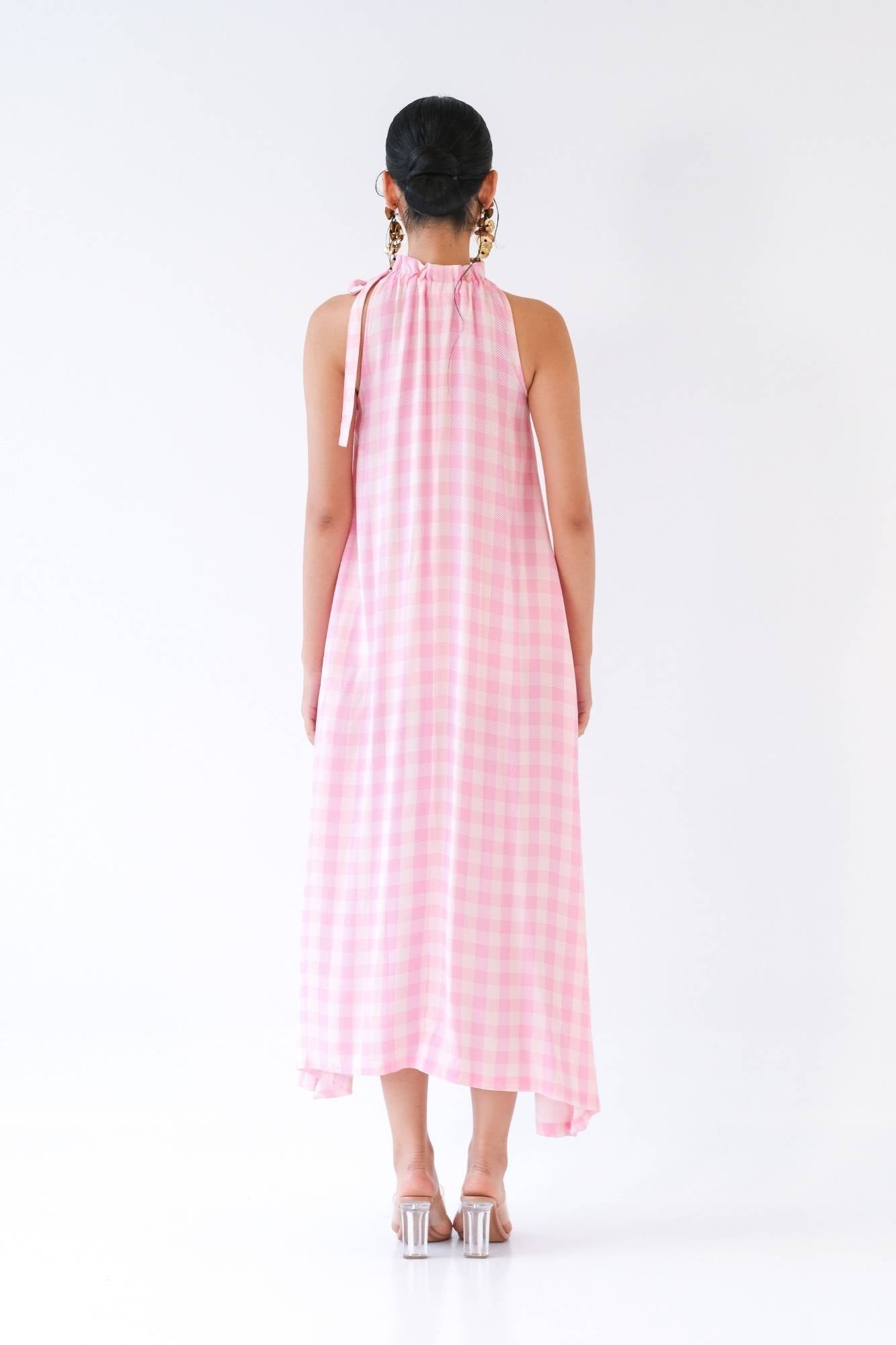 Pink Gingham Halter Maxi Dress