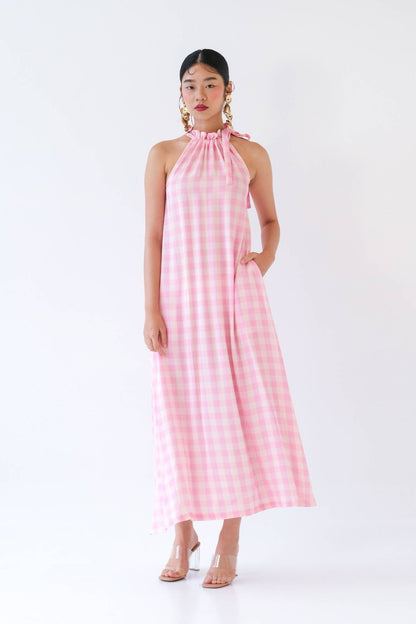 Pink Gingham Halter Maxi Dress