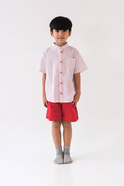 Red Grid Mandarin Shirt