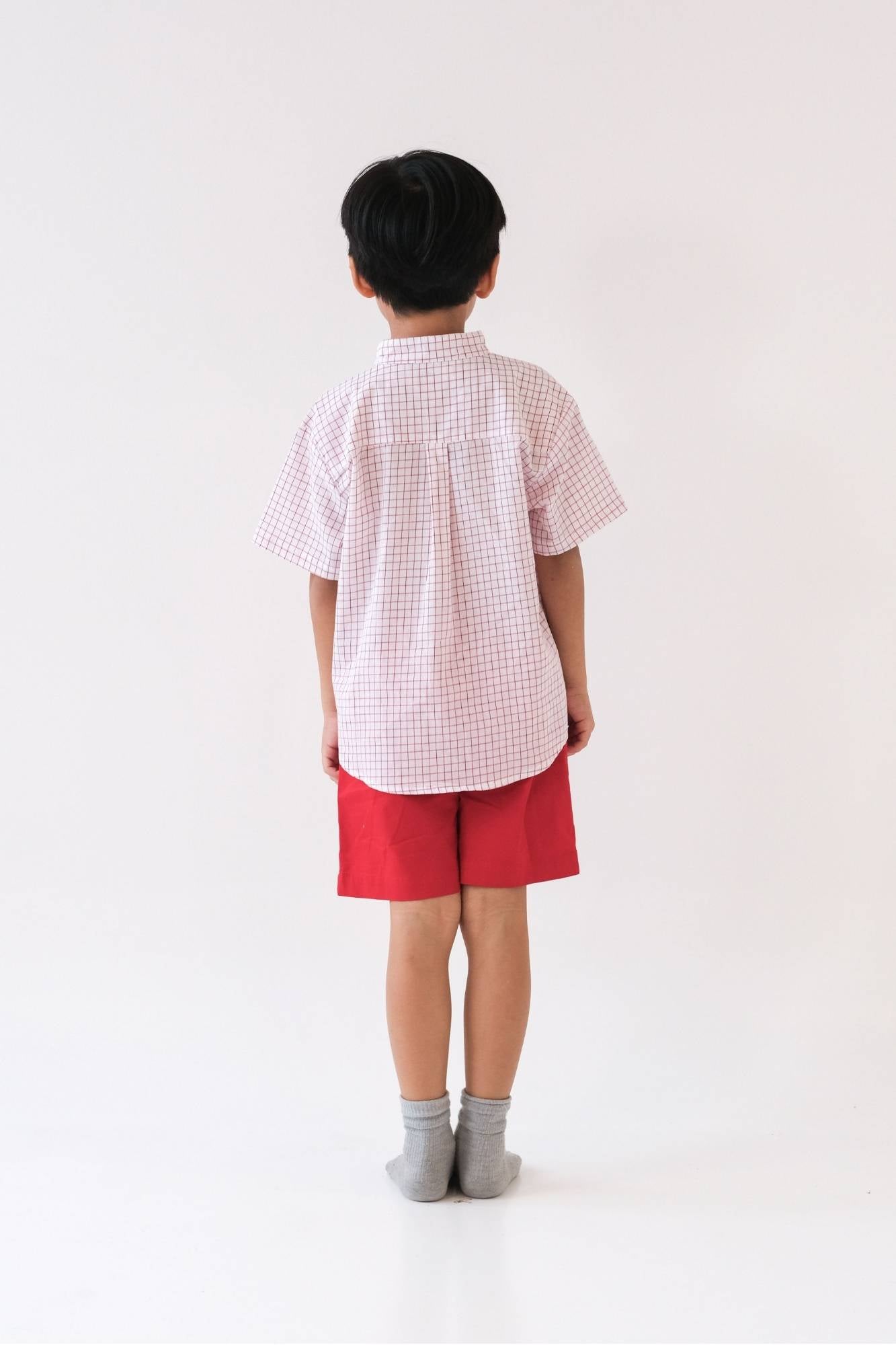 Red Grid Mandarin Shirt