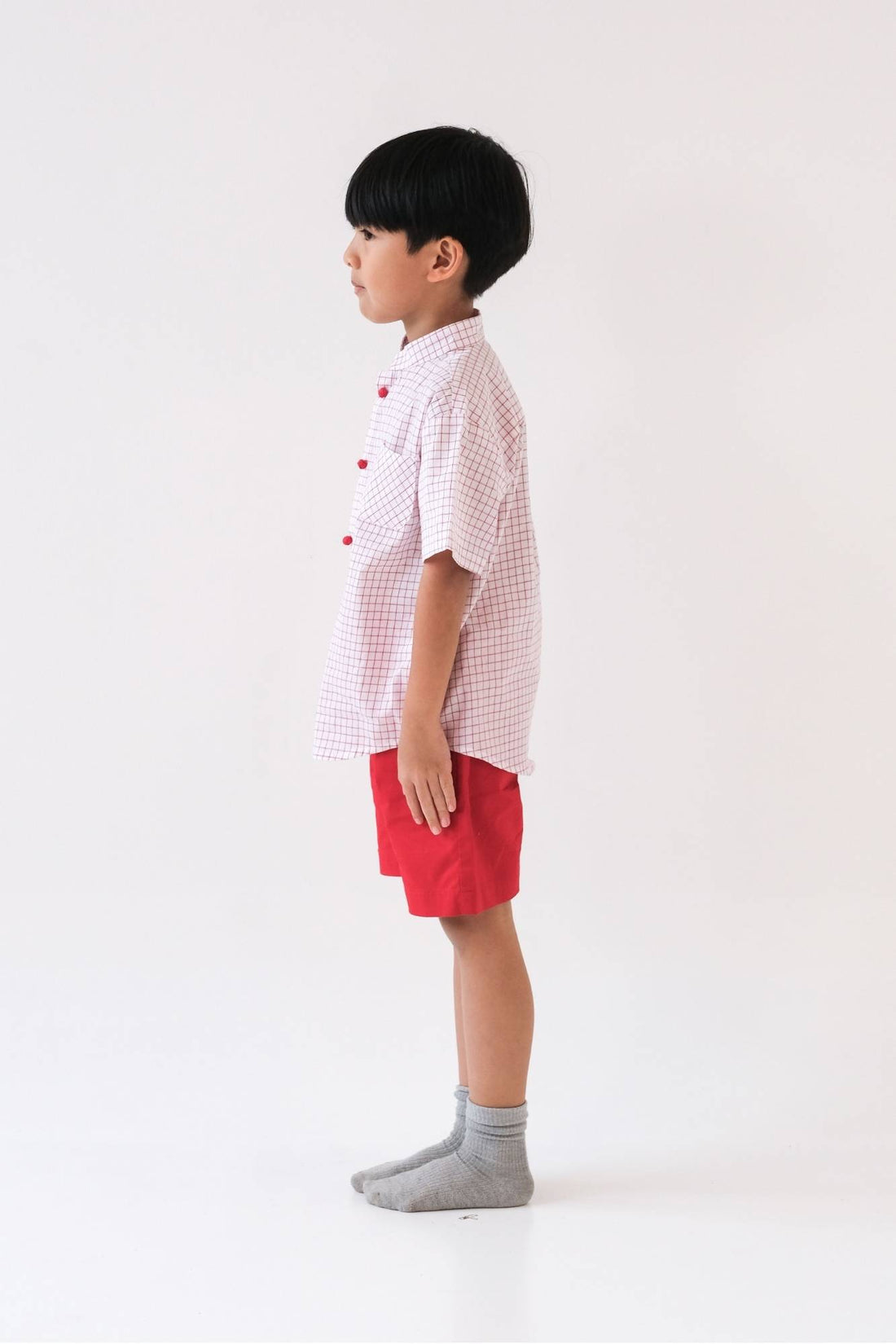 Red Grid Mandarin Shirt