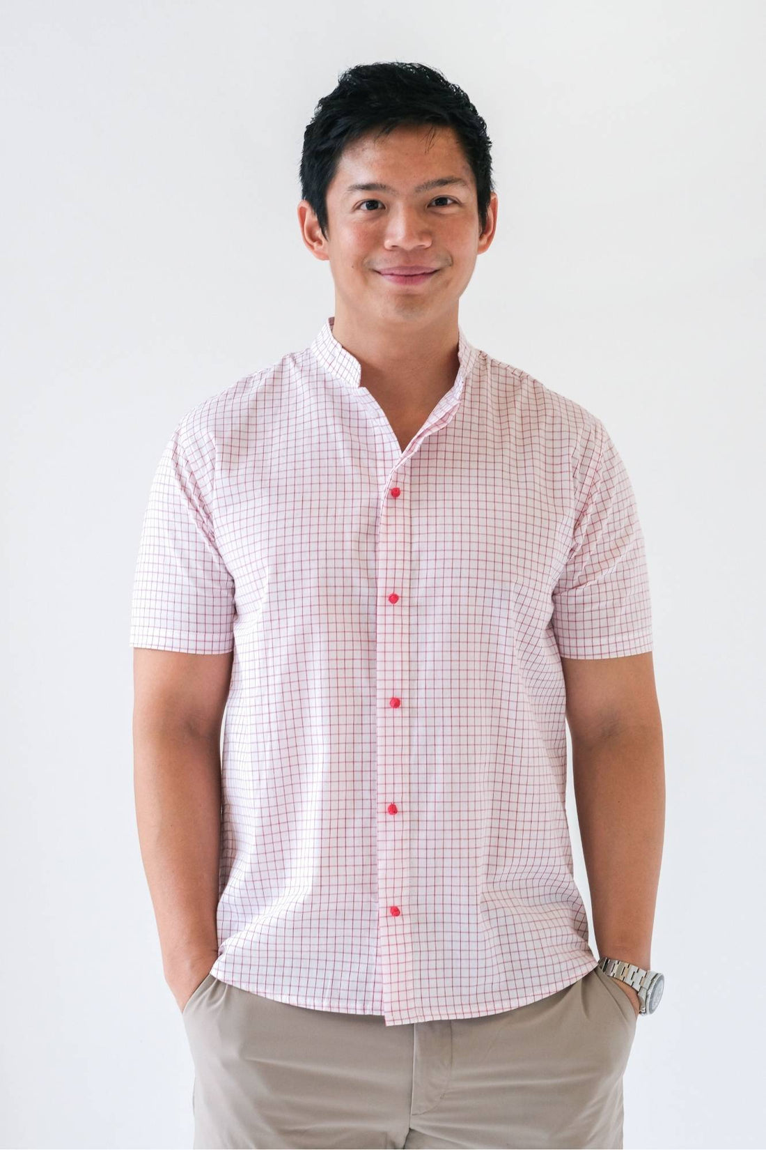 Red Grid Mens Mandarin Shirt