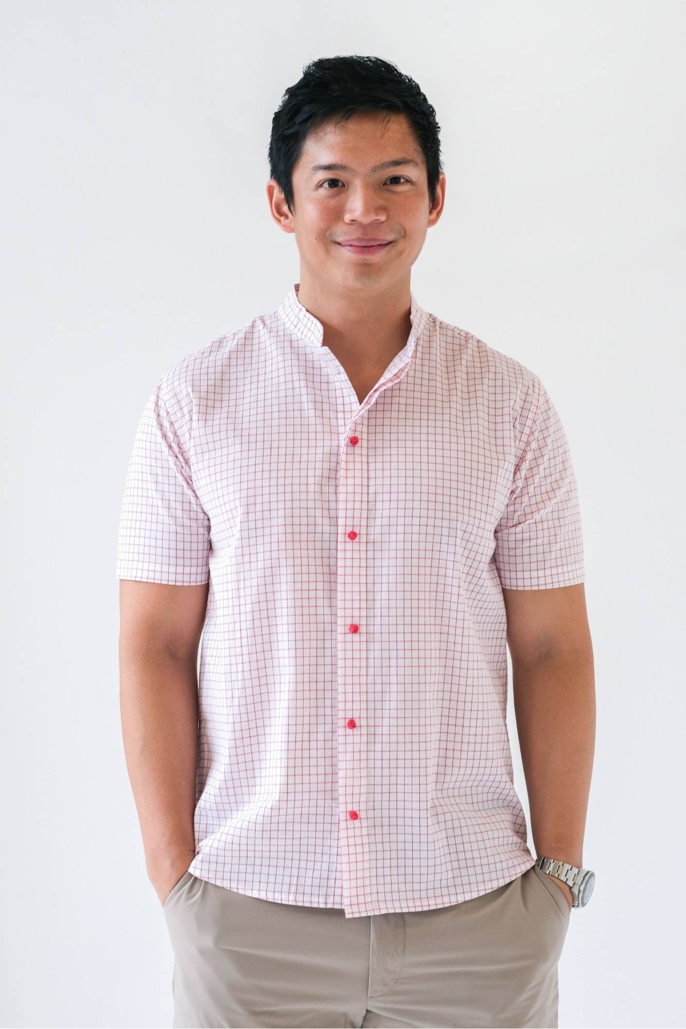 [Backorder] Red Grid Mens Mandarin Shirt