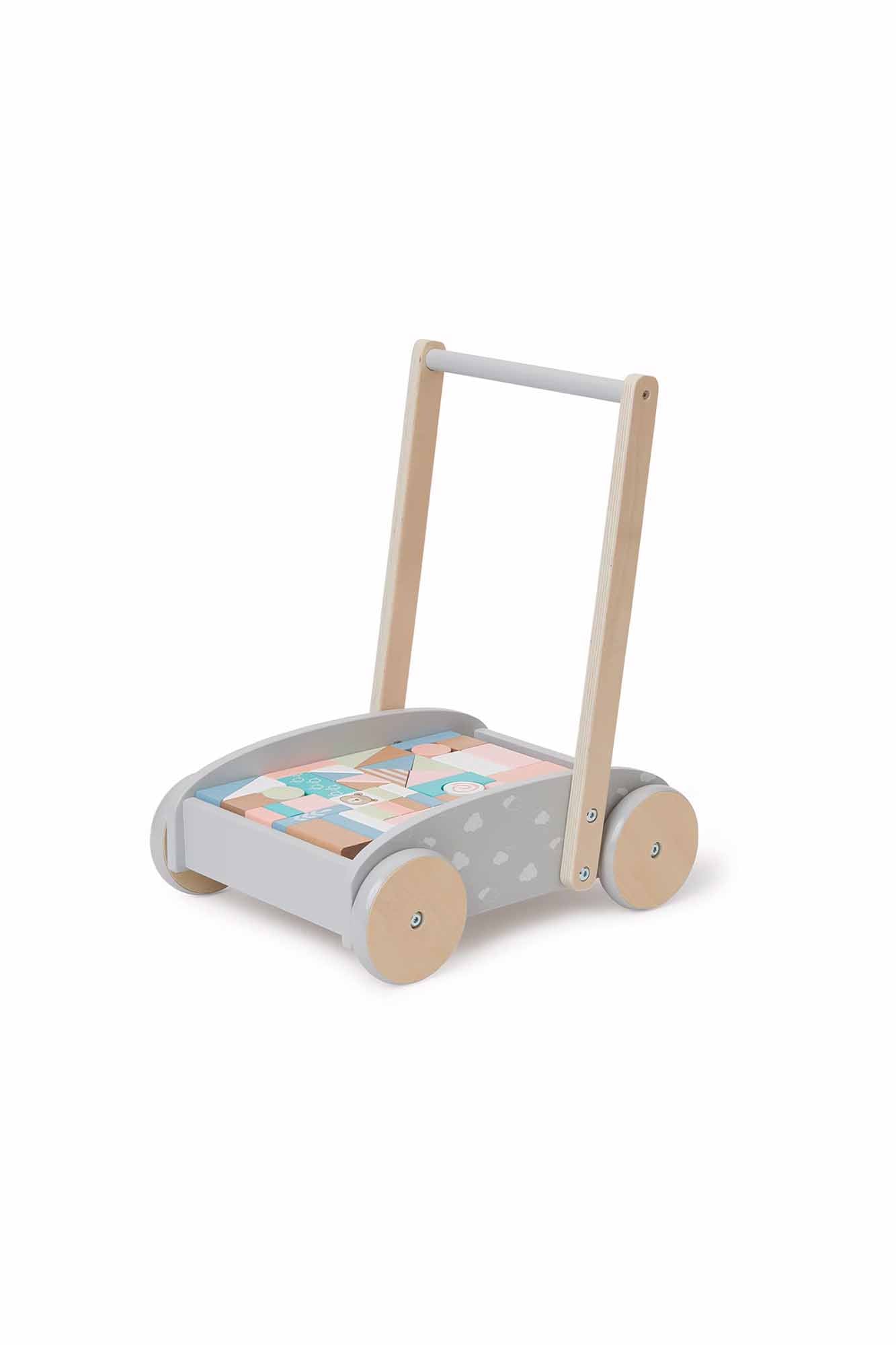 Bubble Wooden Baby Push Cart &amp; Walker with 45 Building Blocks