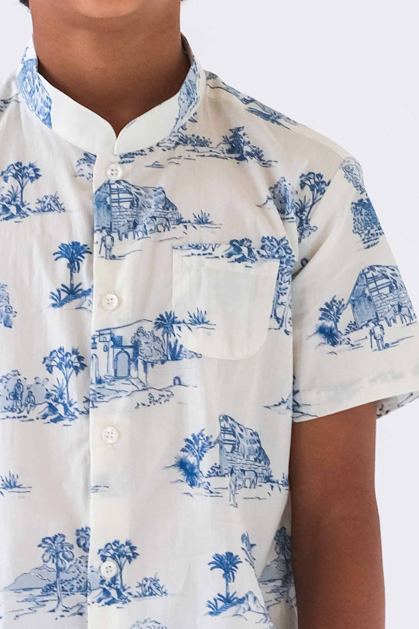 Blue Toile Mandarin Shirt