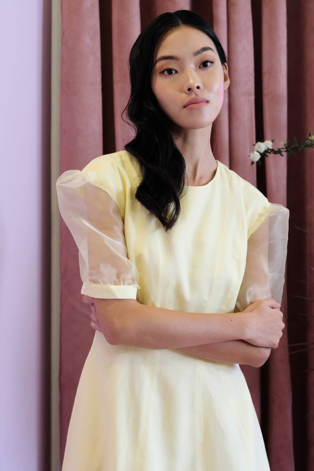 Yellow Organza Puff Sleeve Dress - Sea Apple